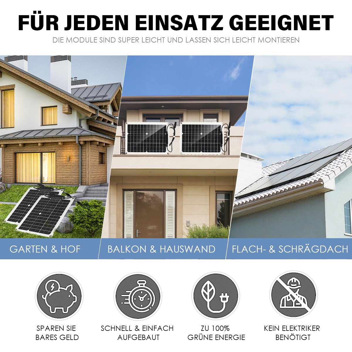 LETGOSPT Solarmodul 200W Solarpanel Monokristallin, Ladegerät Kit, IP65