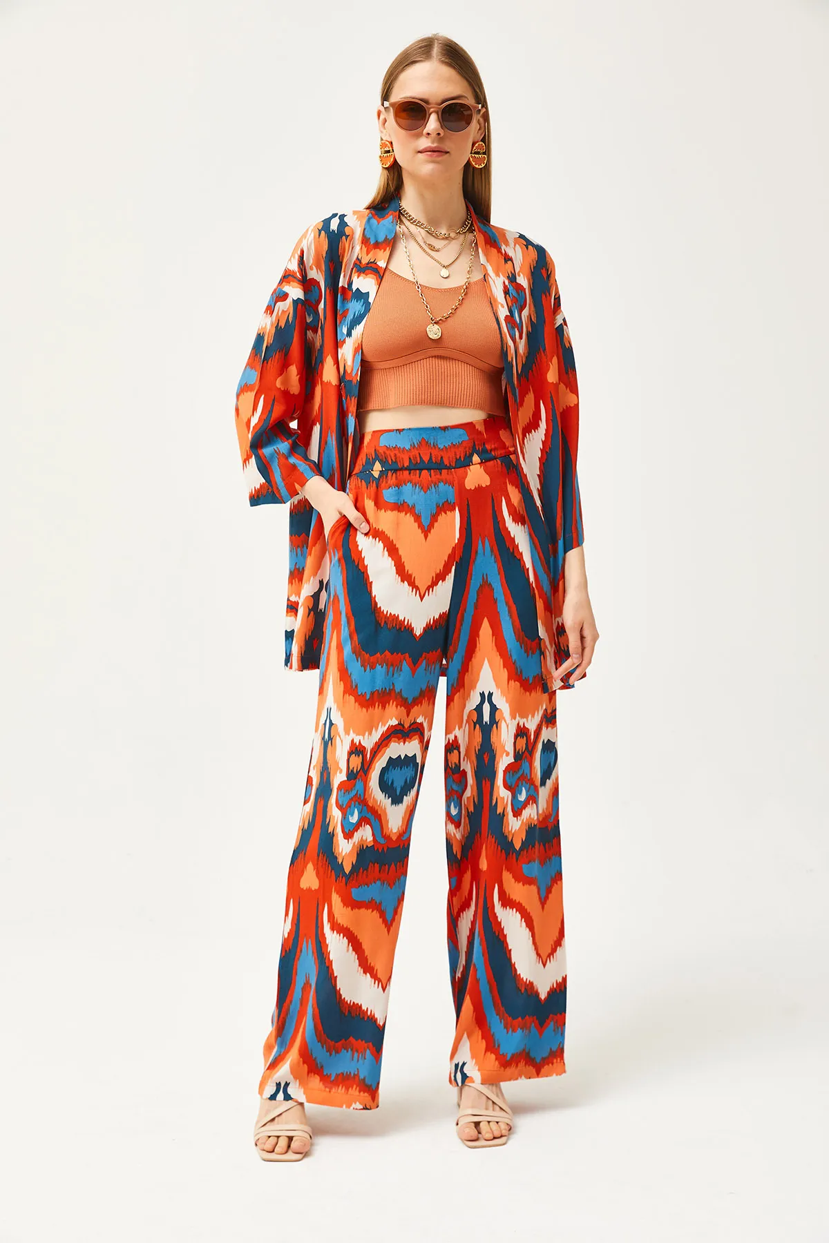 Olalook  Damen Orange Blau Oberteil Kimono Unterteil Taschenhose Set TKM-19000276
