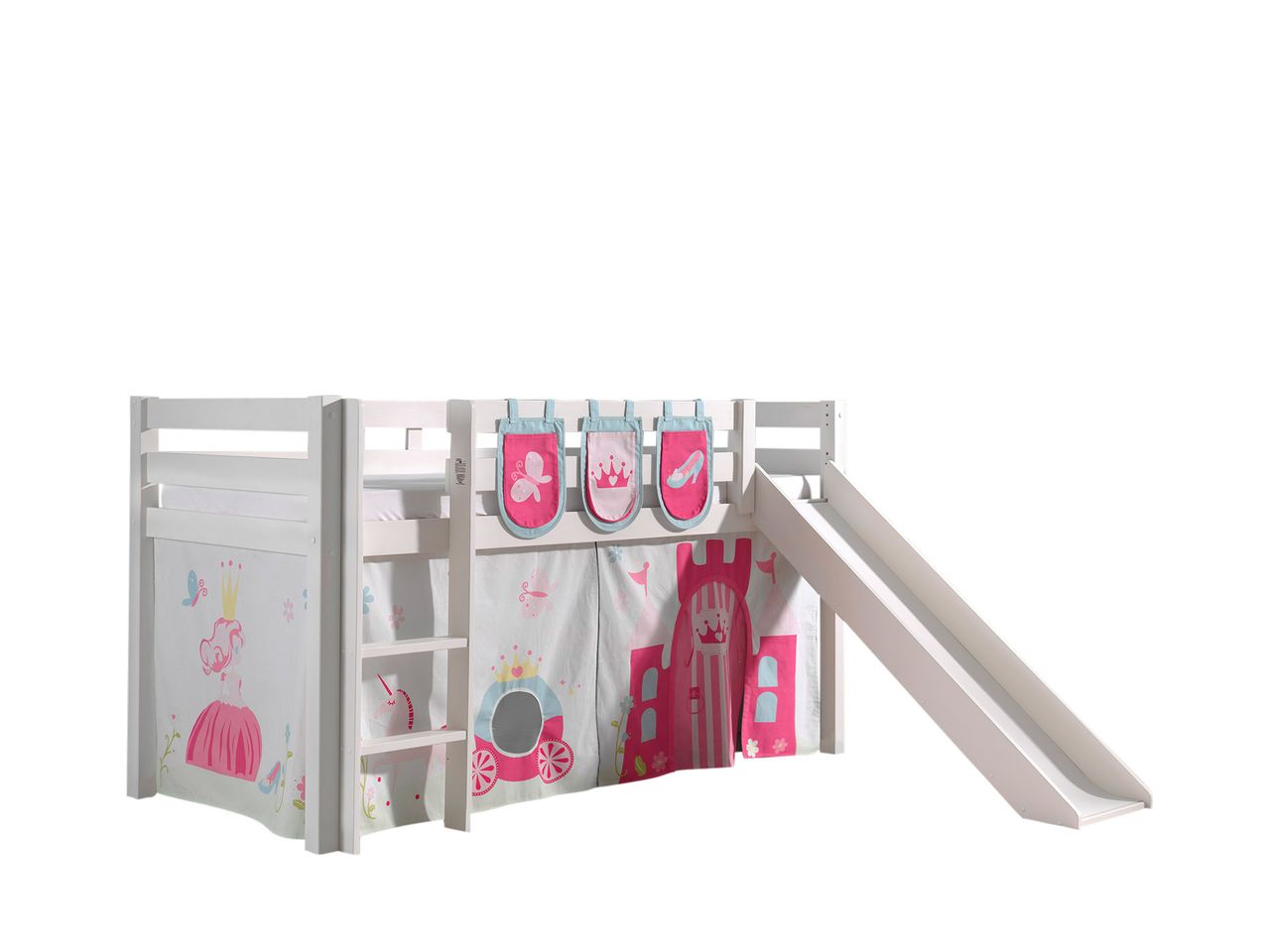 VIPACK Spielbett Pino inkl. Rutsche mit Textilset Vorhang und 3 Taschen 