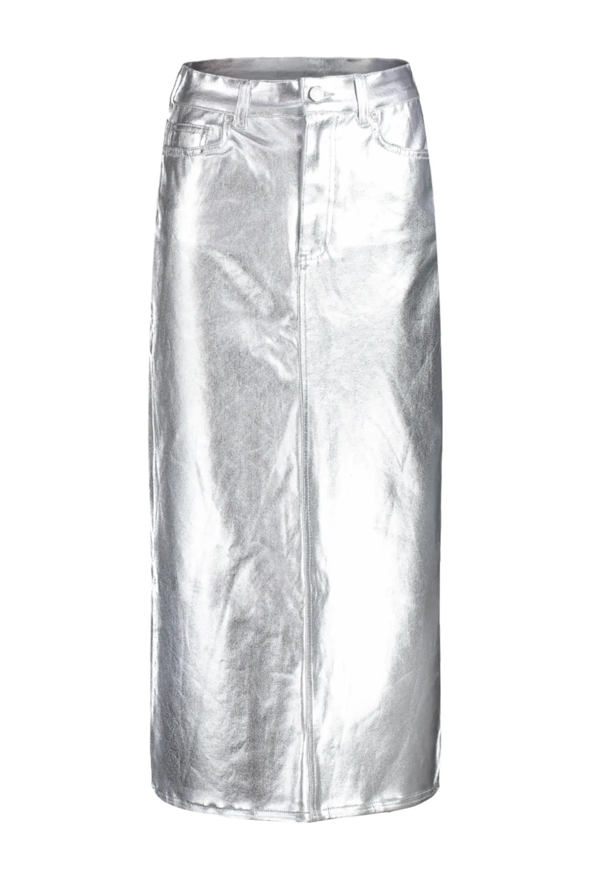 Trendyol Collection  Silberner Maxi-Jeansrock mit Schlitz und glänzendem Metallic-Print TWOAW24ET00134
