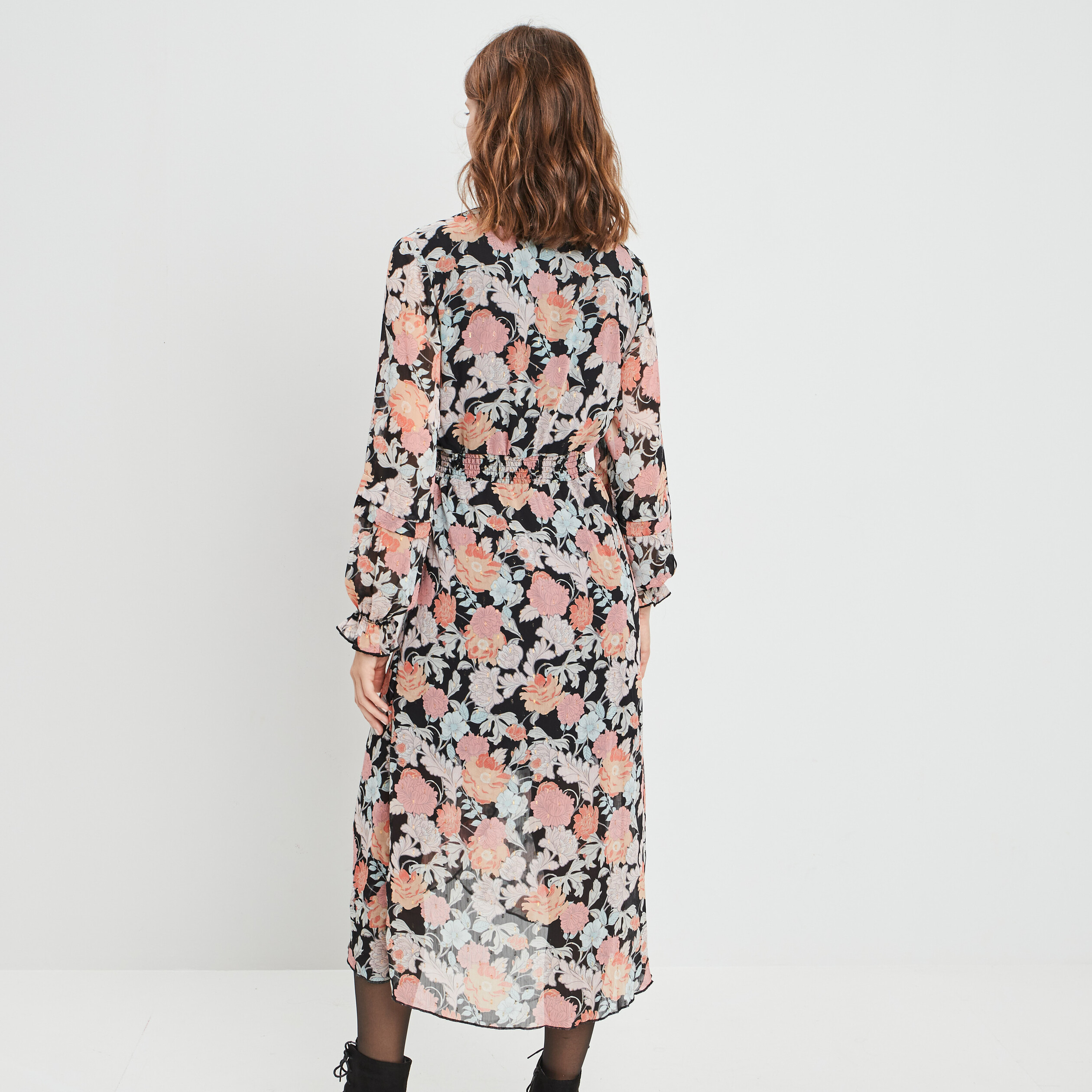 Robe longue fluide col cache-coeur noir femme | La Halle