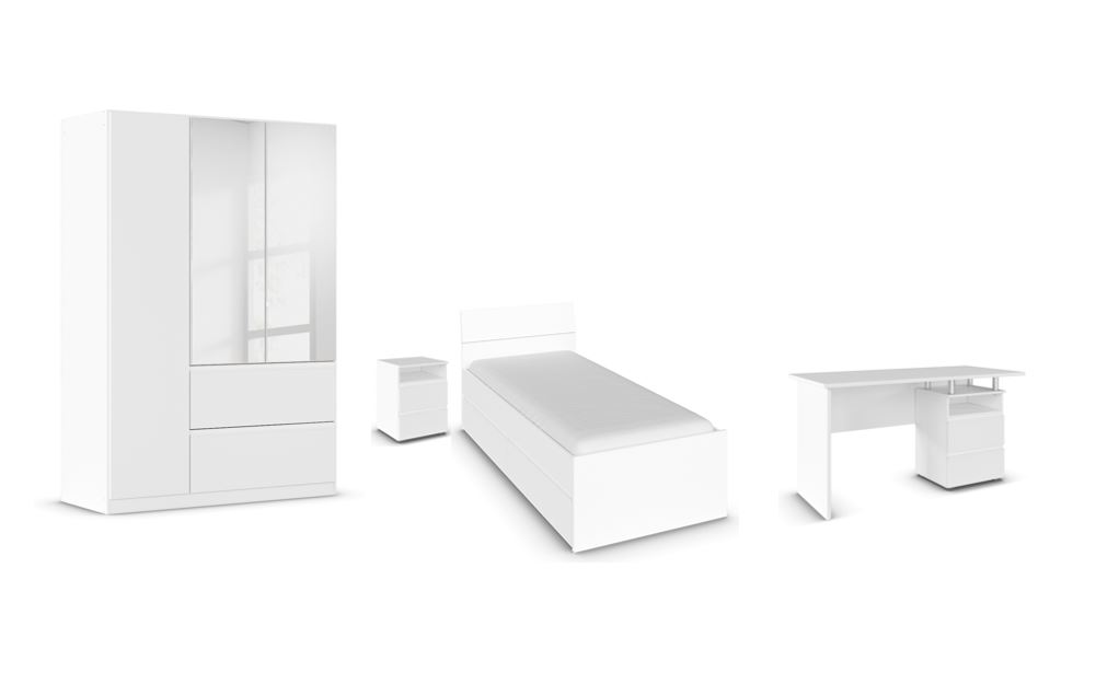 Rauch Möbel Joel Schlafzimmer bestehend aus Drehtürenschrank, Bett, Schreibtisch und Nachttisch