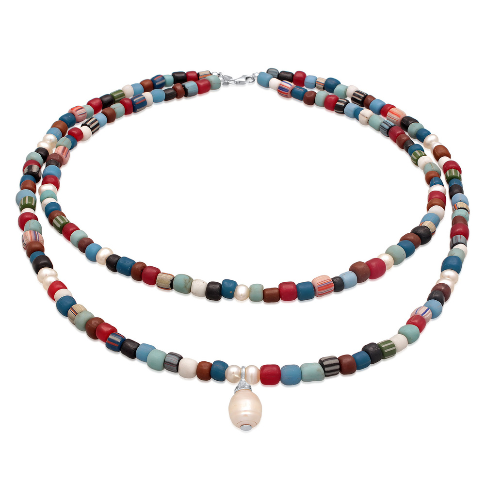 KUZZOI KUZZOI Collier Hommes Couches Perles de verre multicolores avec perles d'eau douc collier