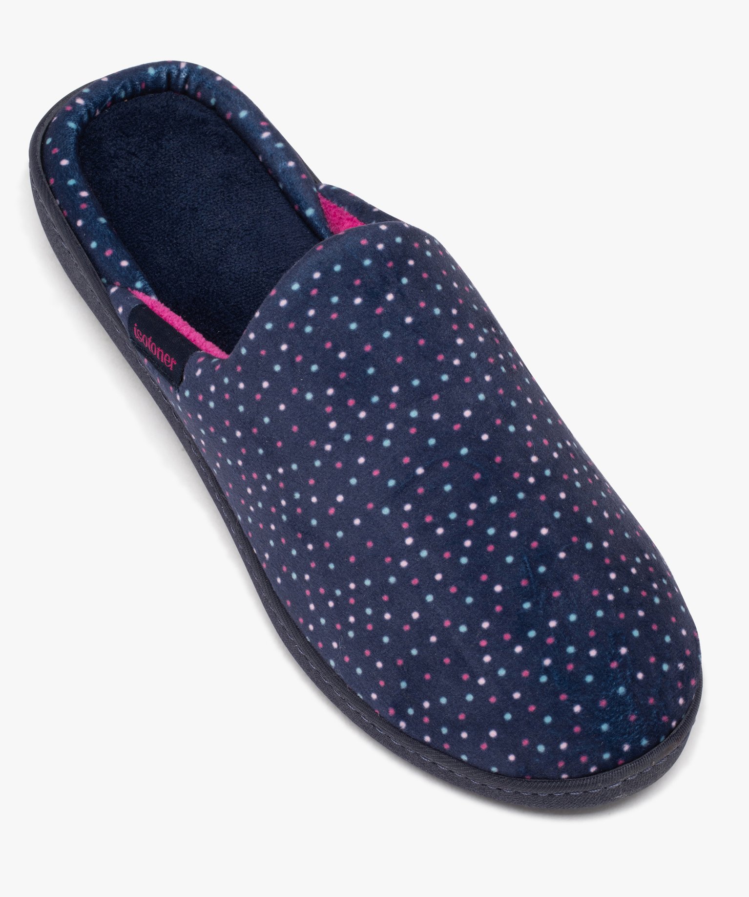 Chaussons femme mules à talon compensé en velours - Isotoner marine | GEMO