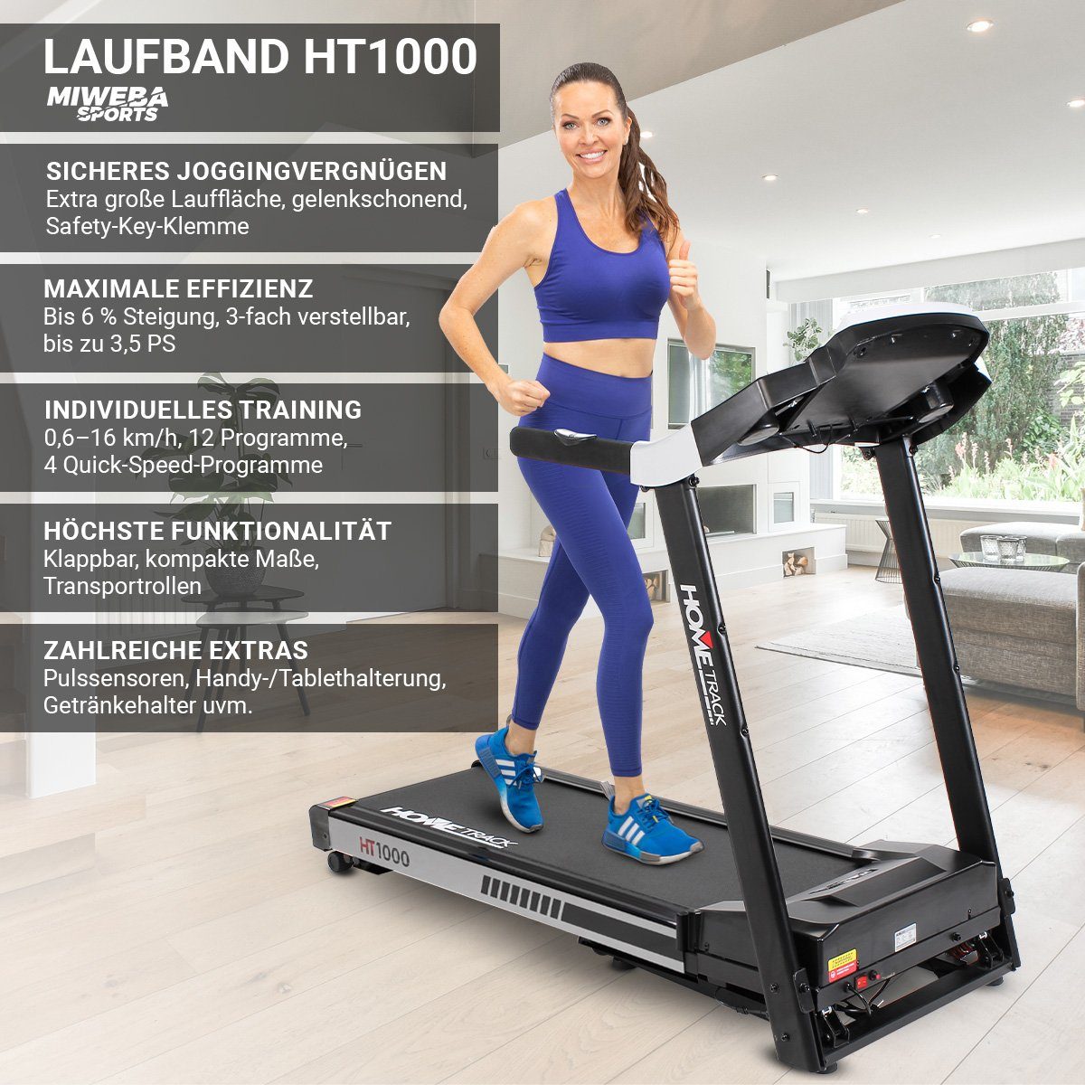 Miweba Sports Laufband Profi Sportgerät HT1000F - 16 km/h - 6% Steigung - klappbar (Treadmill, Trainingsgerät, Fitnessgerät, Heimtrainer, Speedrunner, Fitness, Workout, 1-tlg., 120 kg Traglast, 12 Laufprogramme, 4 Quick-Speed Programme, Steigungsvers