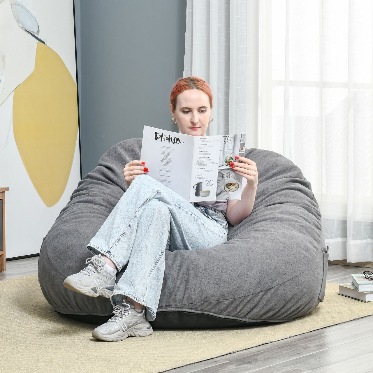 HOMCOM Sitzsack aufblasbares Sofa Bodensessel Sitzkissen gepolstert Polyester-Gewebe Schaumstoff-Füllung Dunkelgrau Ø115x71 cm