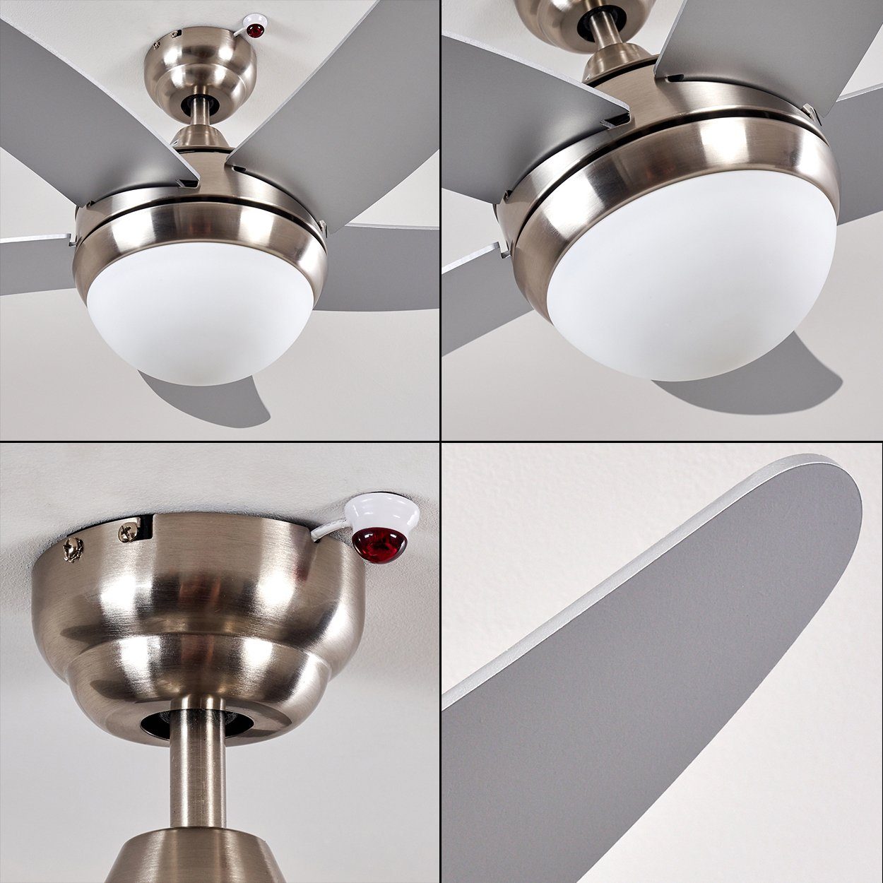 hofstein Deckenventilator Quarto Deckenventilator aus Metall/Holz/Glas in Nickel-matt/Silber