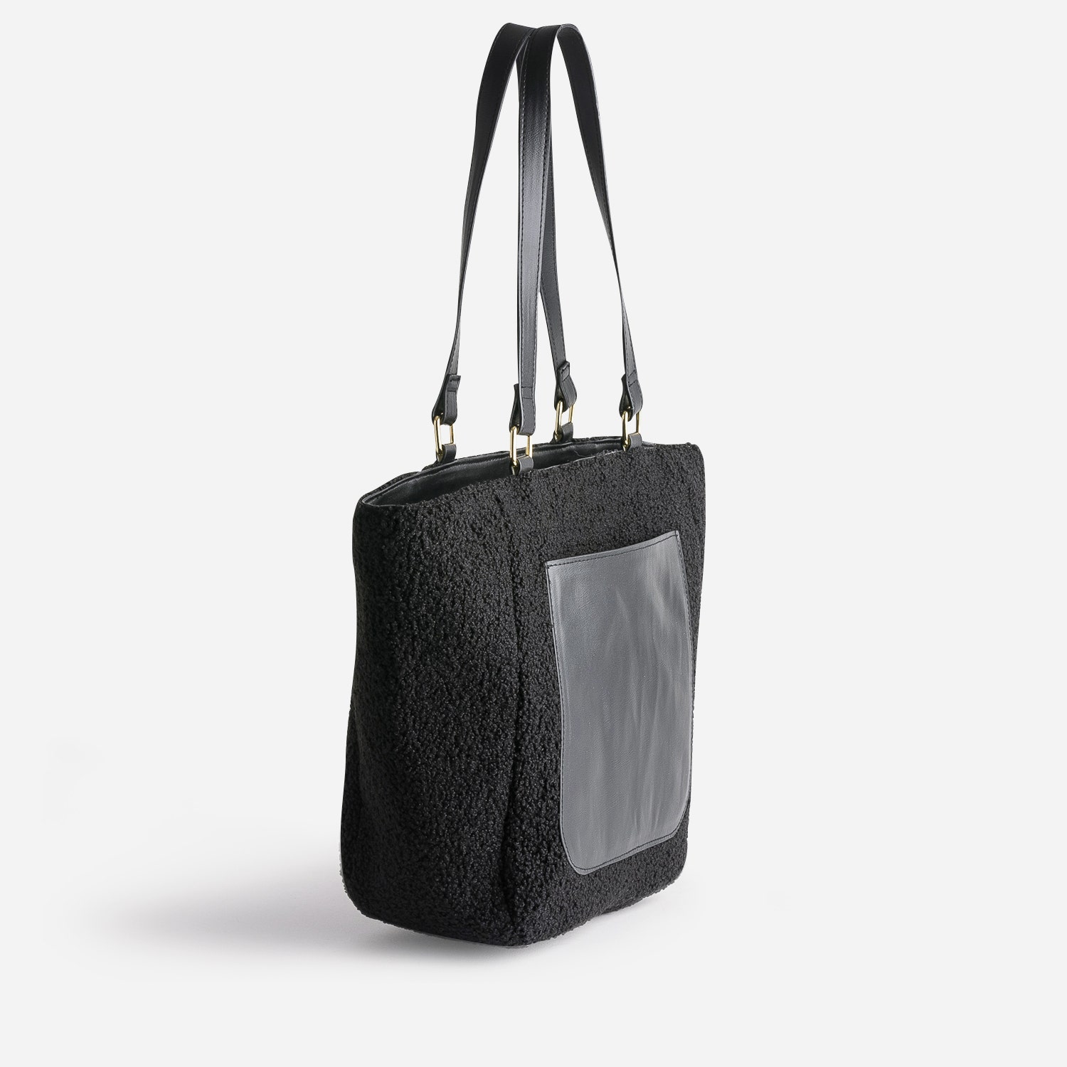 Sac cabas noir tissu Sherpa avec poche