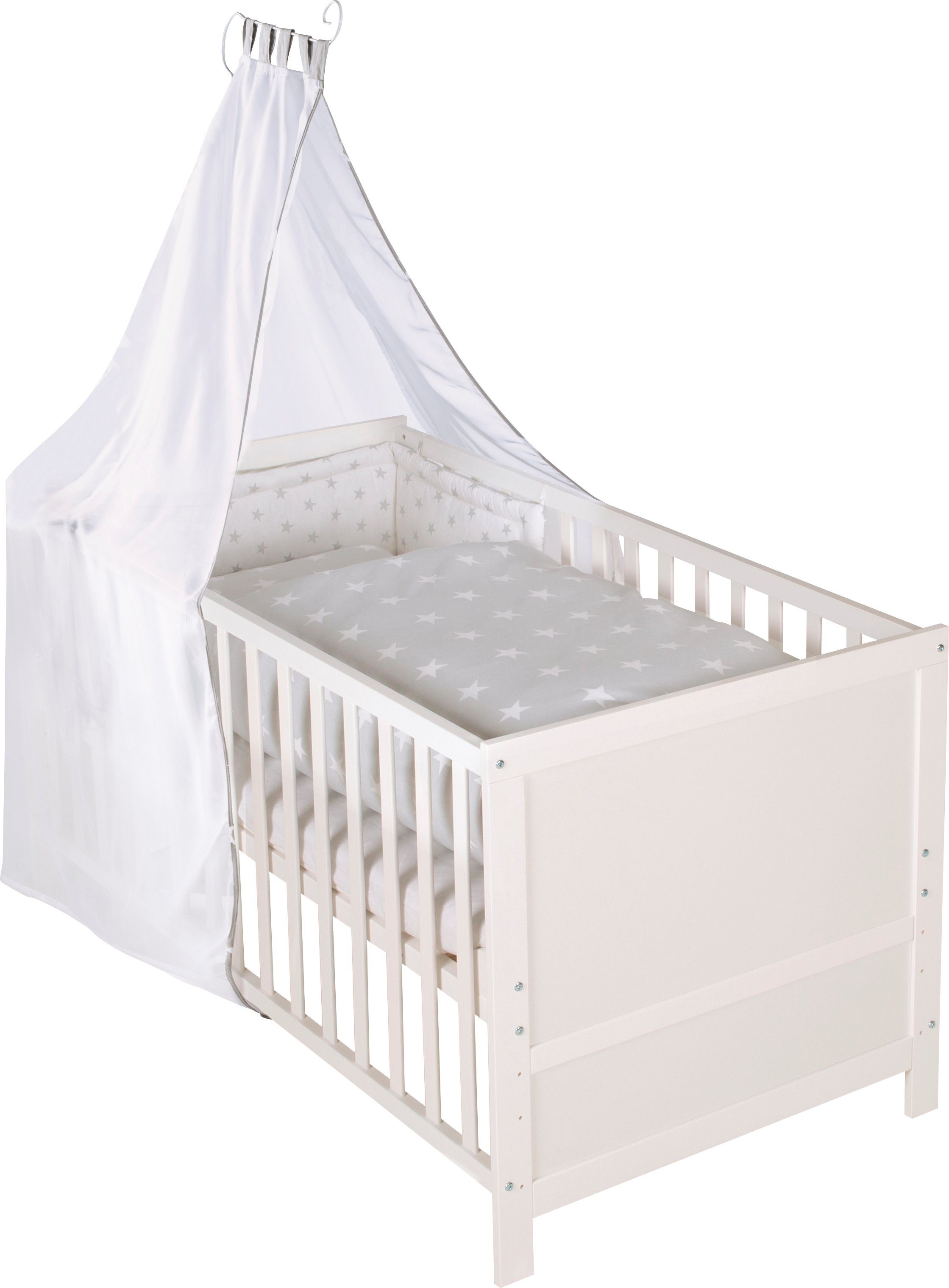 roba® Komplettbett Kinderbettset, Sterne grau, 70x140 cm, 5-tlg., mit Lattenrost, Matratze, Bettwäsche, Nest & Himmel