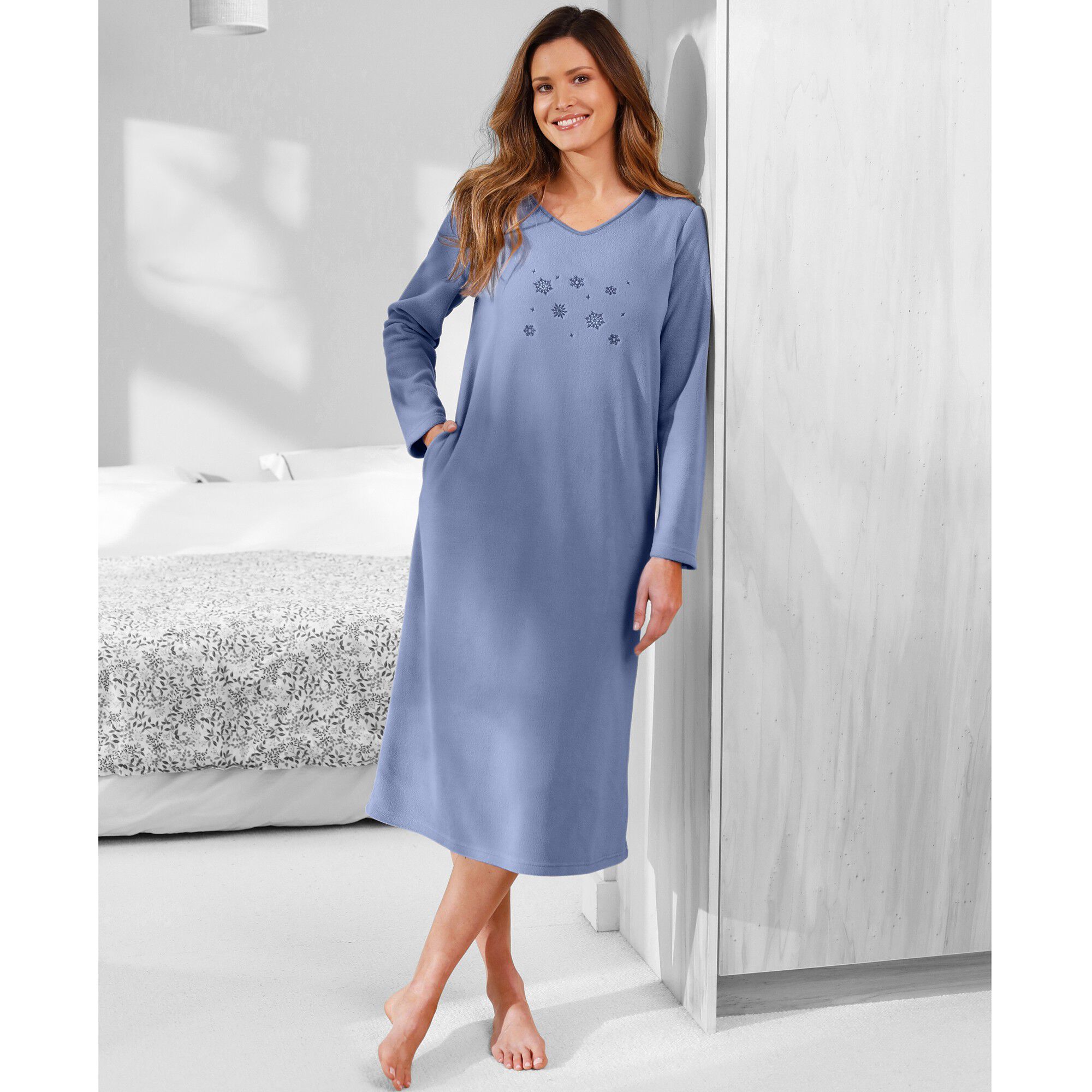 Chemise de nuit polaire manches longues brodée