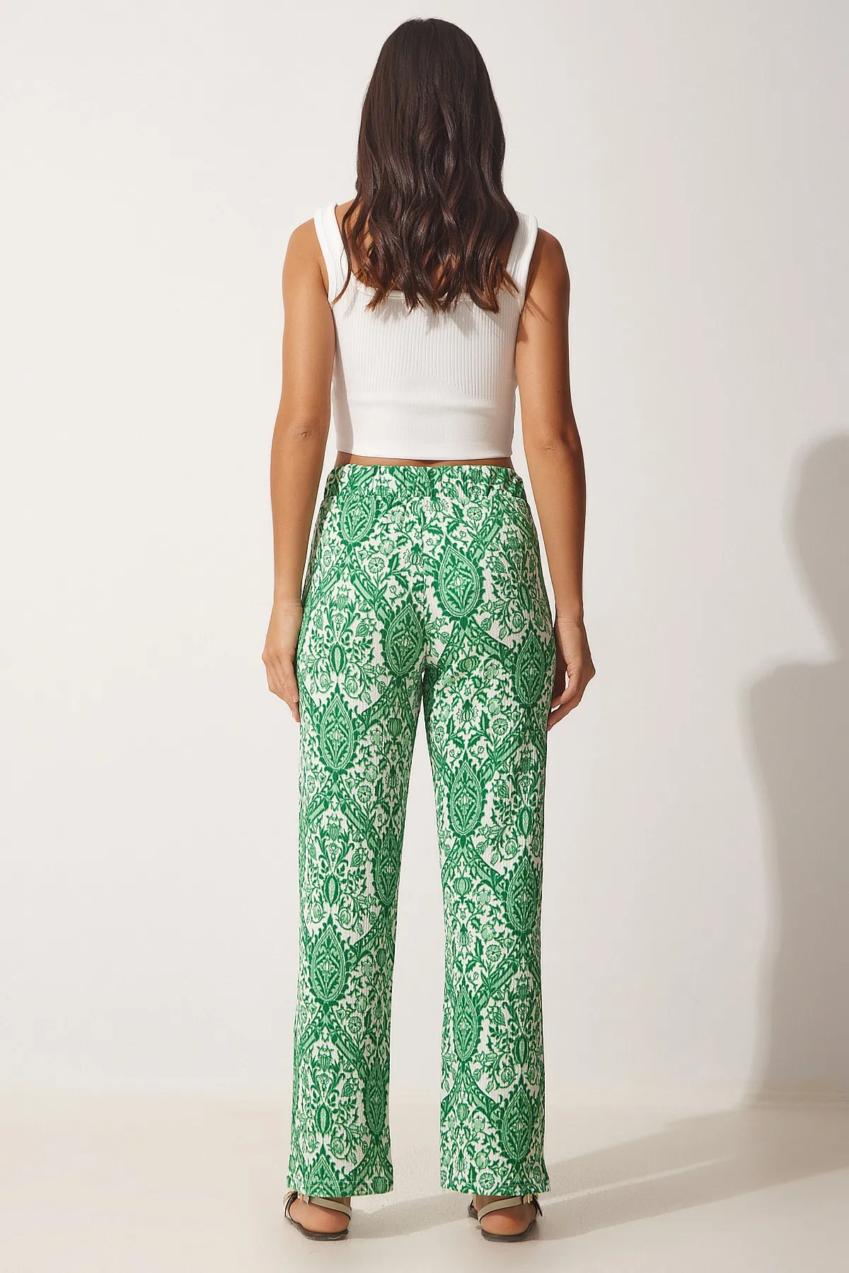 Happiness İstanbul  Grüne gemusterte lockere Sommer-Palazzo-Hose für Damen DD01238