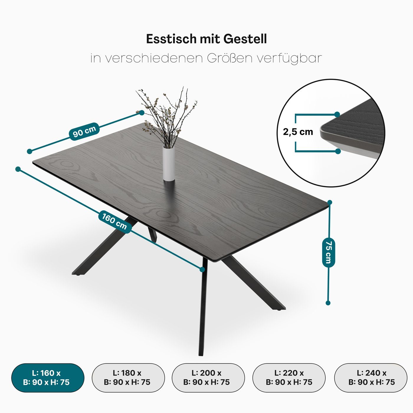 KMH Esstisch Esstisch *Tammo* (schwarz) 160x90 cm (201214)
