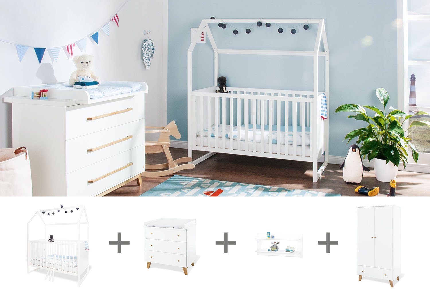 Pinolino® Babyzimmer-Komplettset Hilda & Pan, (Set, 4-St., Hausbett, Wickelkommode, Kleiderschrank, Wandregal), breit; mit Hausbett, Wickelkommode, 2-trg. Kleiderschrank & Wandregal
