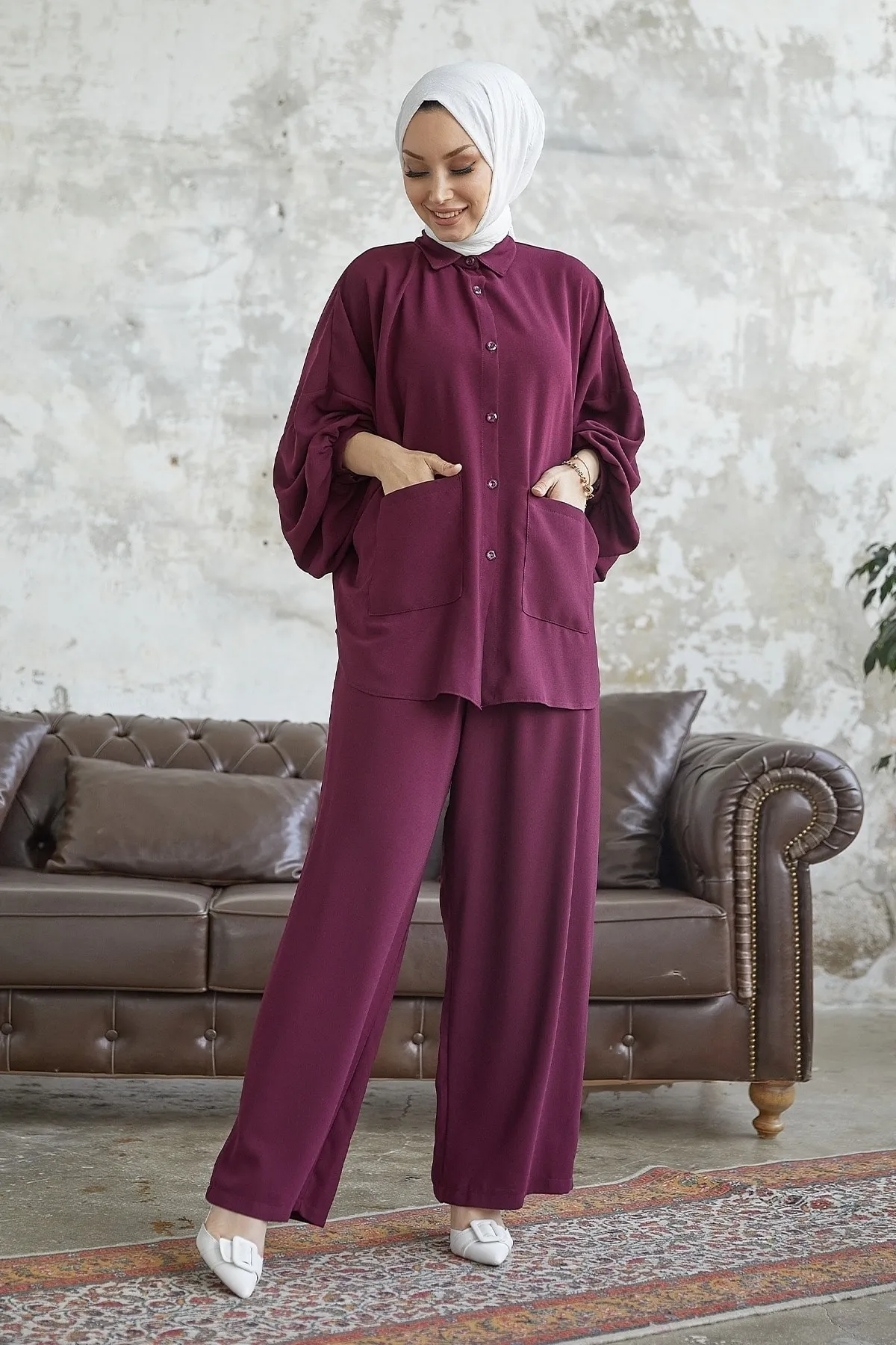 InStyle  Muno Casual Set mit Ballonärmeln - Weinrot
