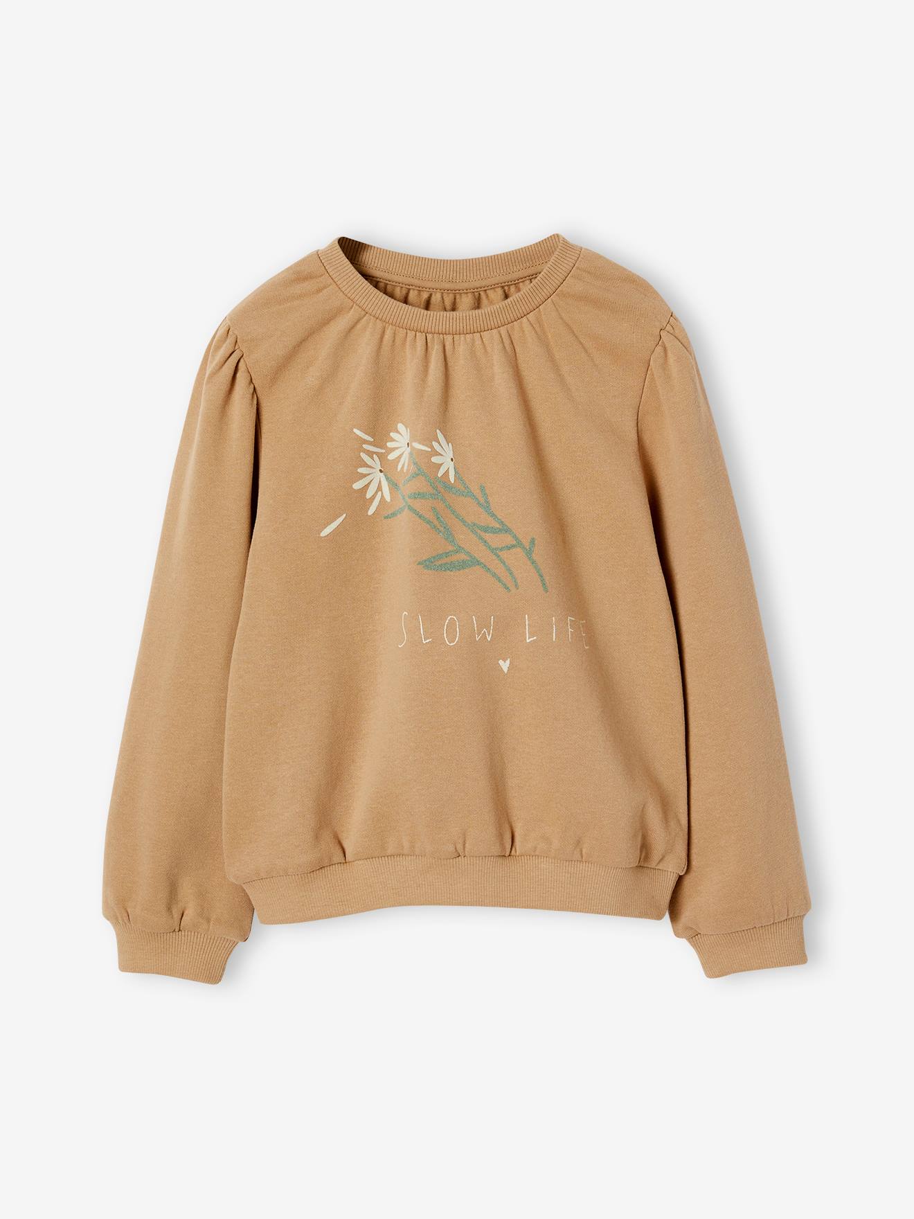 Vertbaudet Mädchen Sweatshirt mit Flockprint-Blumen - taupe
