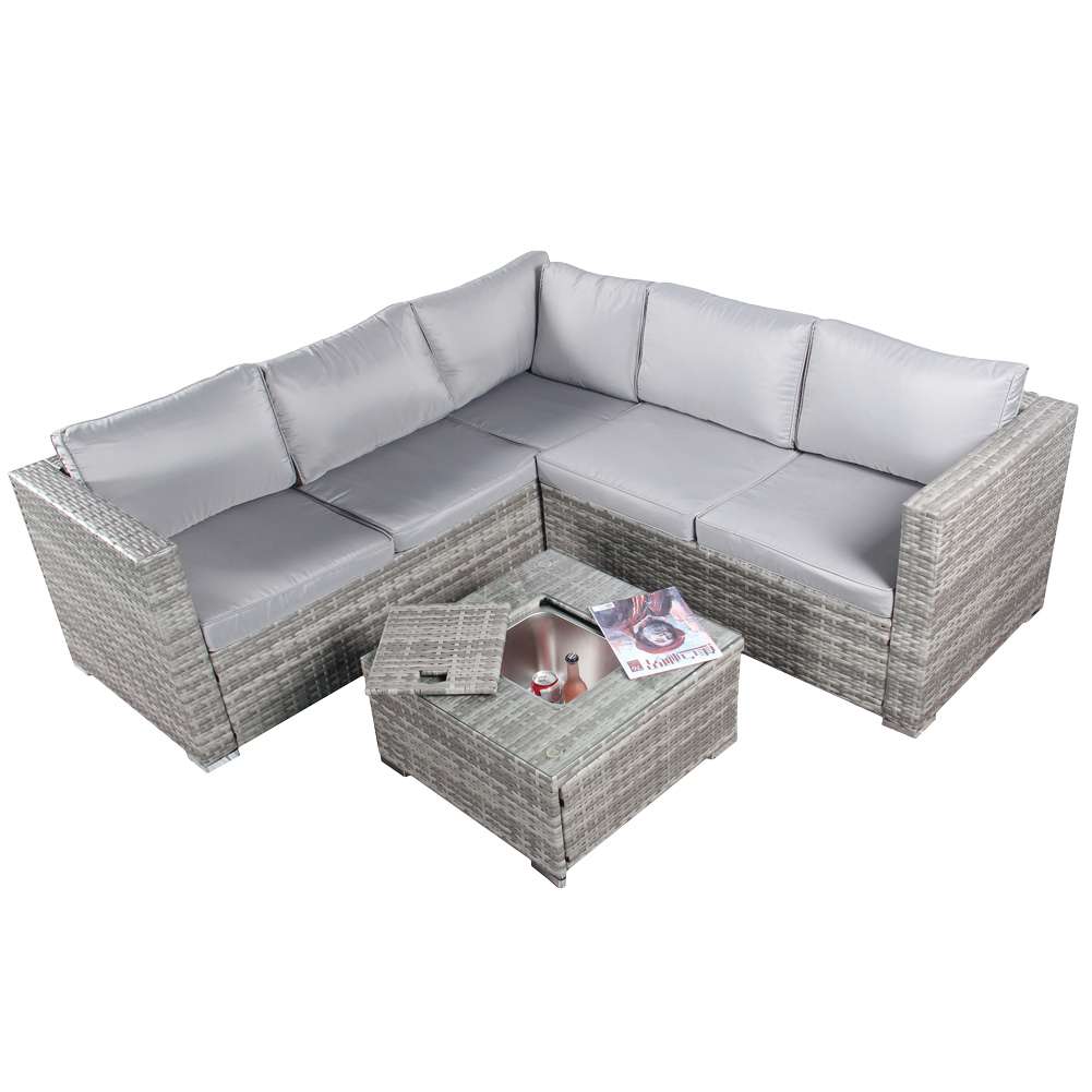 BIXENTE Polyrattan Garten-Lounge 5-Sitzer mit Tisch, Auflagen und Eisfach