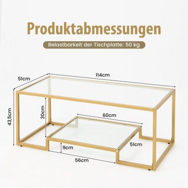 COSTWAY Couchtisch, Glas, Gold, mit Metallrahmen, 114 x 51 x 43,5 cm