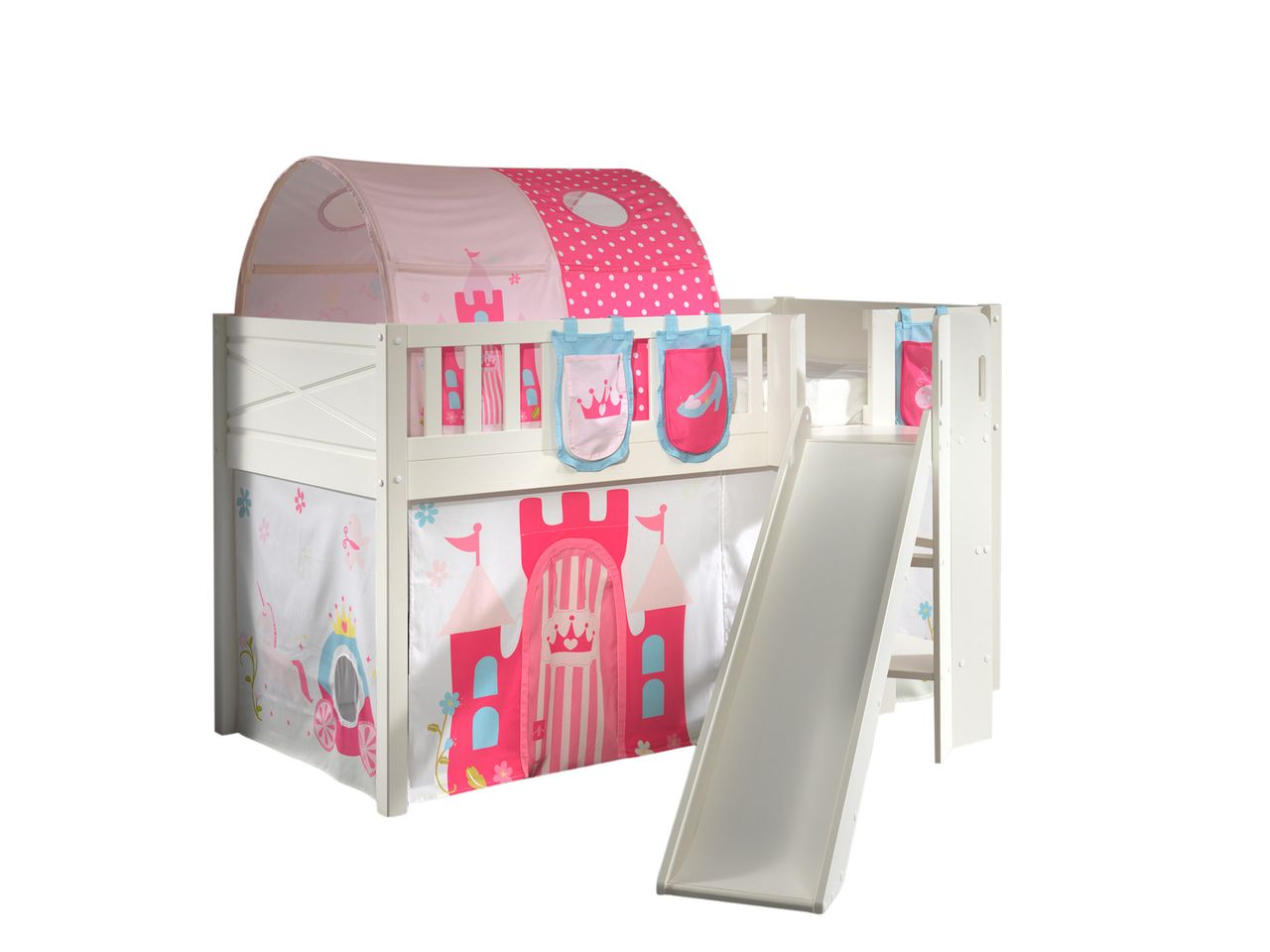 VIPACK Spielbett SCOTT, LF 90 x 200 cm, mit Rolllattenrost, Rutsche, Leiter und Textilset Vorhang, Tunnel und 3 Taschen 