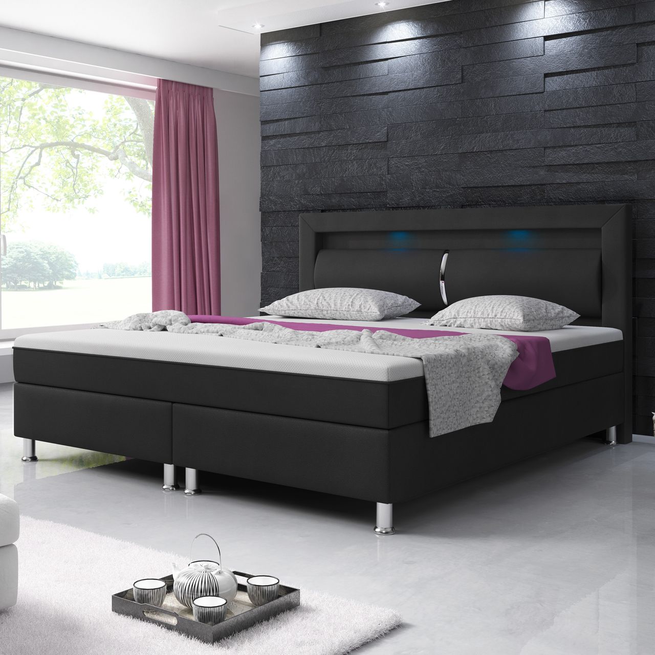 IHG Boxspringbett MILANO 180x200 Kunstleder Schwarz TYP 6 mit integriertem Topper