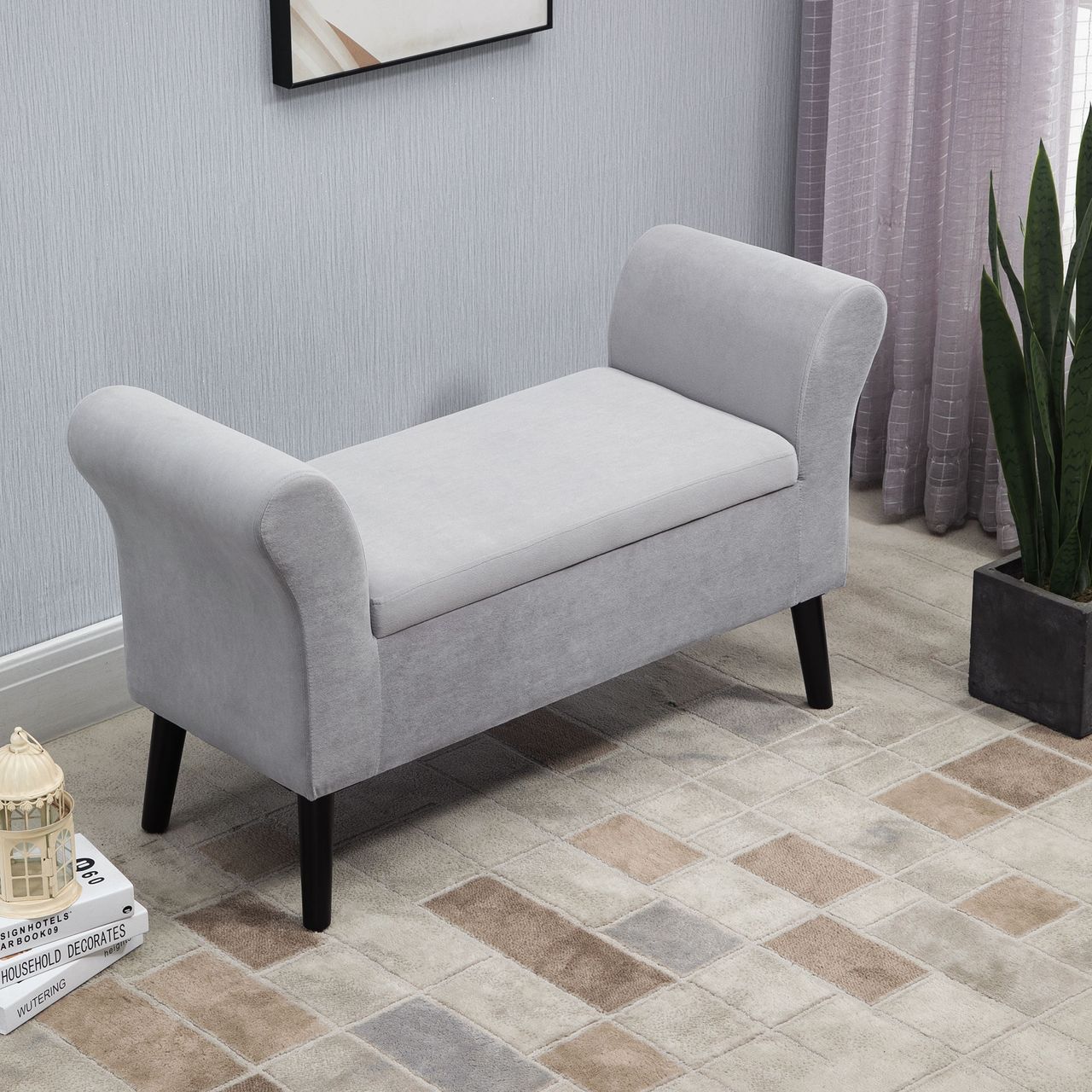 HOMCOM Sitzbank Polsterbank mit Stauraum Armlehnen Truhenbank modern Flur Schlafzimmer Wohnzimmer samtartiges Polyester Gummiholz Hellgrau 111,5 x 41 x 65 cm