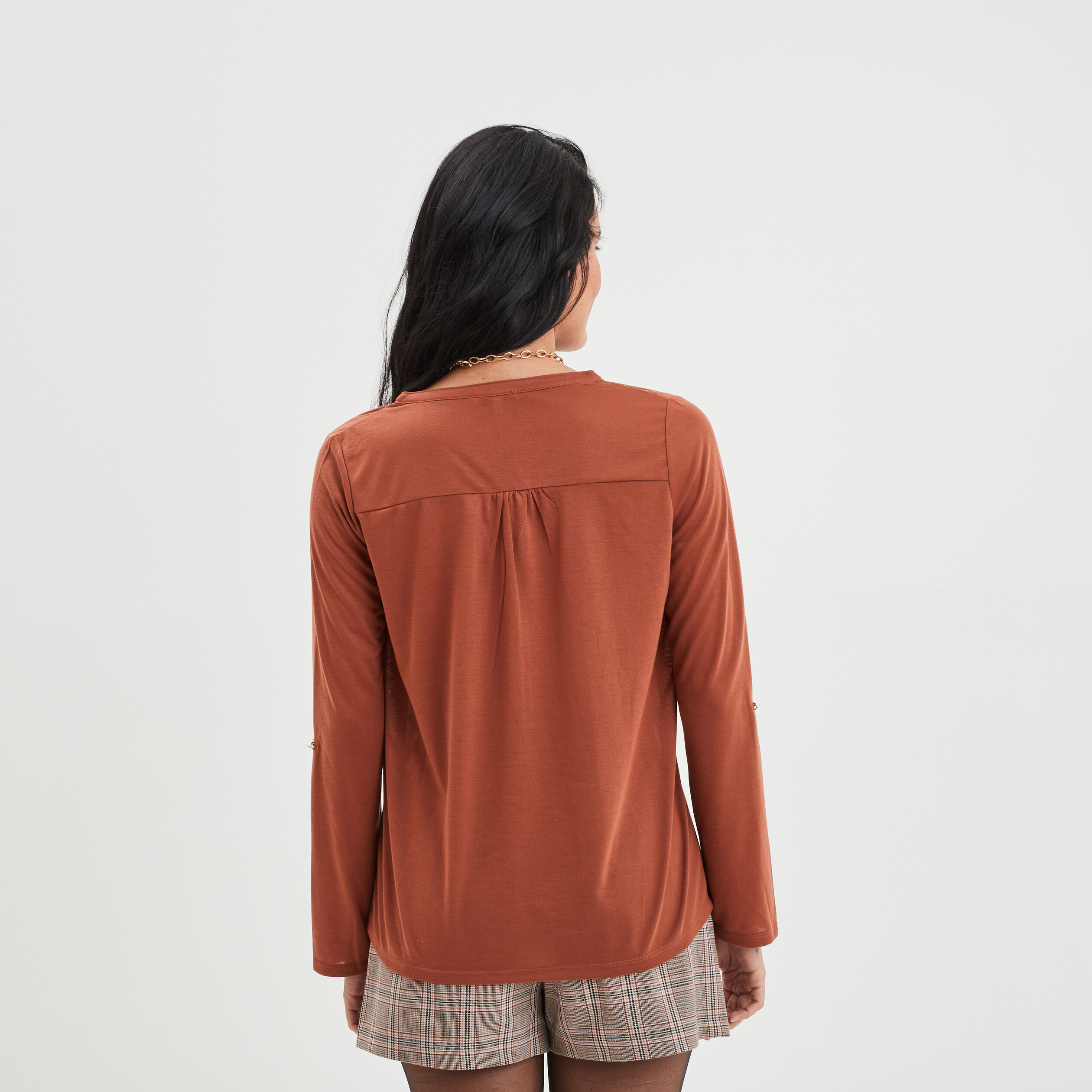 T-shirt manches longues à revers camel femme | La Halle