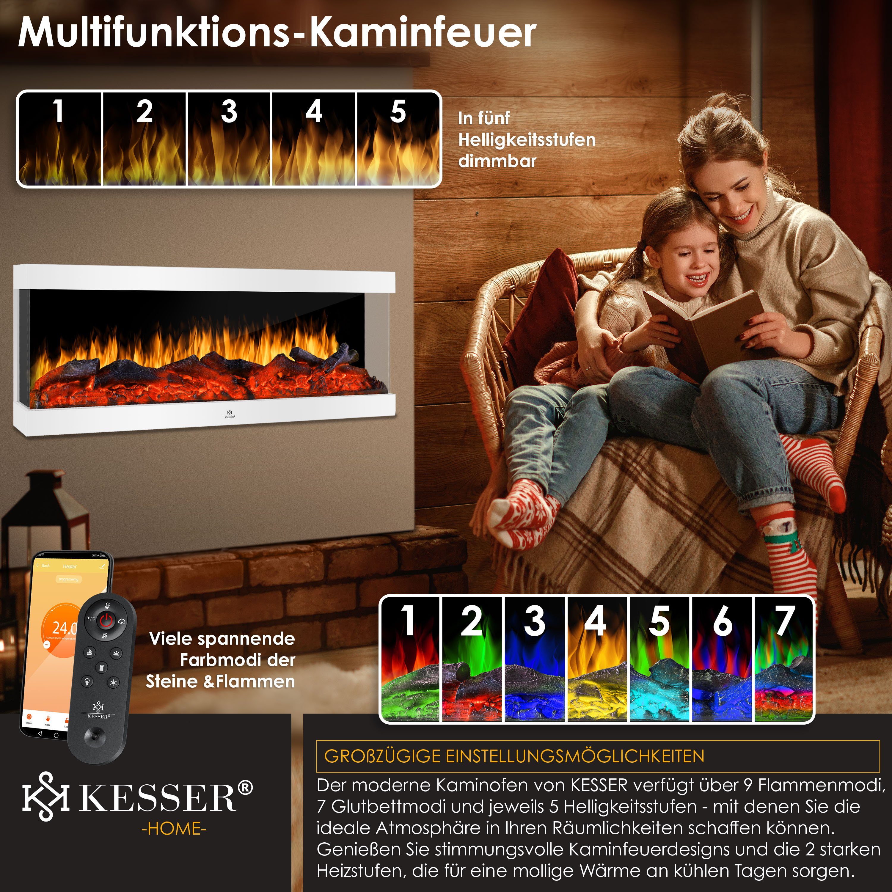 KESSER Elektrokamin, Kaminofen Elektrokamin Wandkamin 9 Farbmodi LED Flammen
