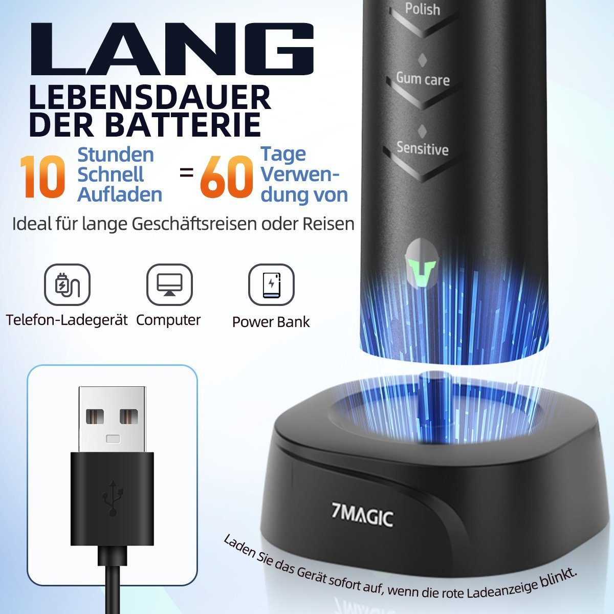 7Magic Schallzahnbürste Elektrische Zahnbürste mit Schalltechnologie 40000VPM UIltraschall, Aufsteckbürsten: 6 St., für Erwachsene und Kinder, 5 Zahnputz-Modi,Putzdauer-Erinnerung, Wasserdicht für die Dusche