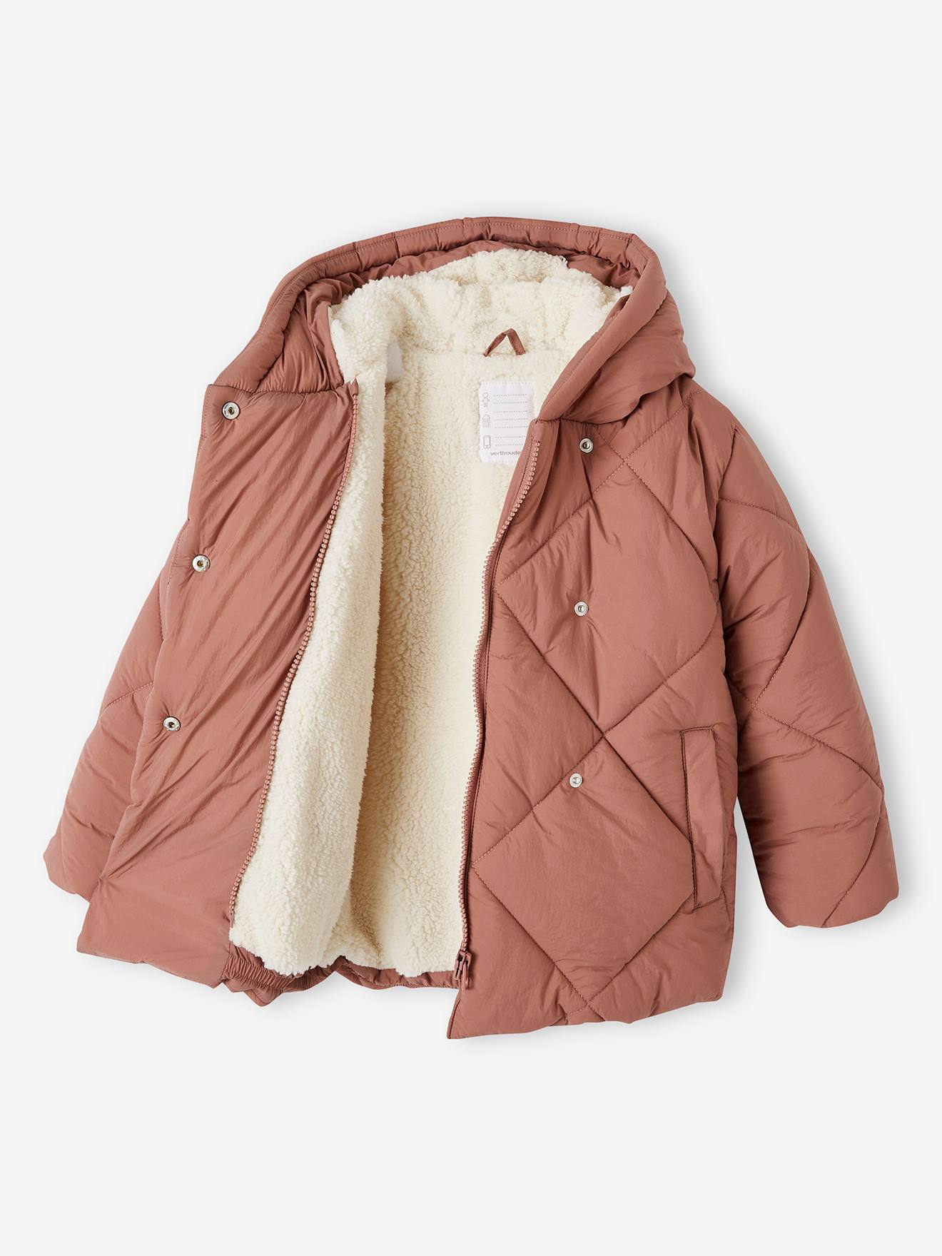 Vertbaudet Mädchen Kapuzen-Steppjacke mit Teddyfleece-Futter, Wattierung Recycling-Polyester - blush