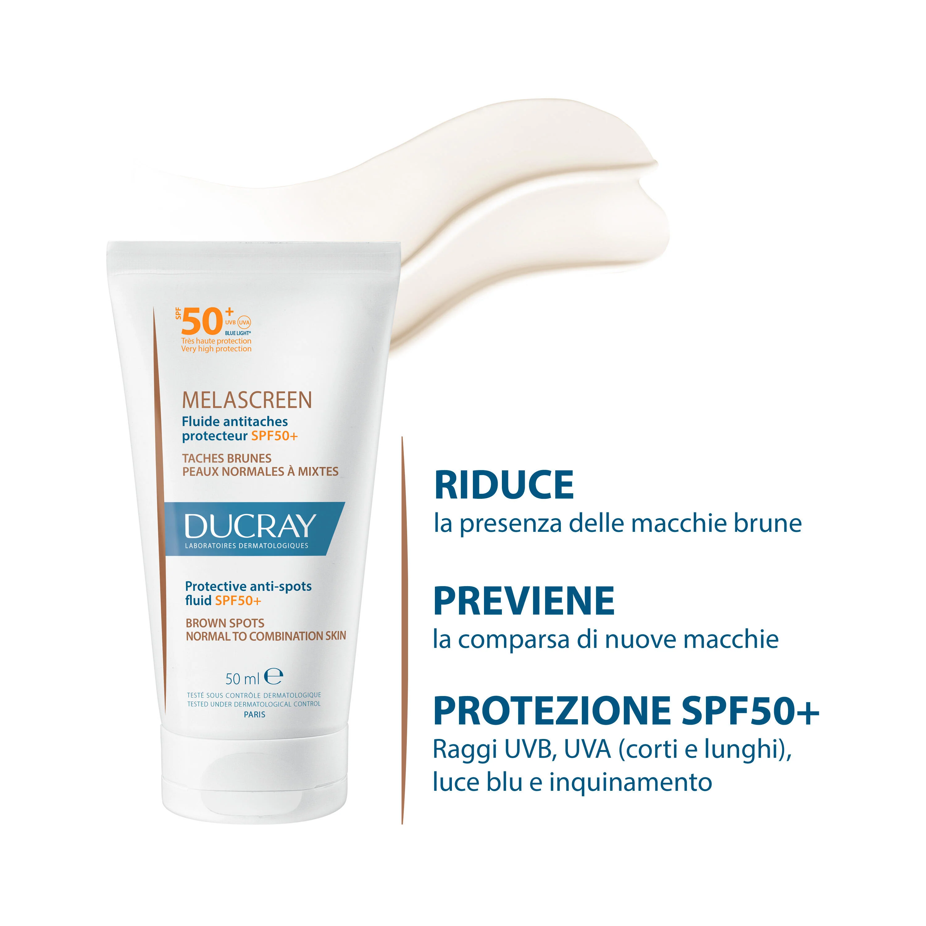 Melascreen Zaštitna tekućina protiv nepravilnosti SPF50+ - Bočice protiv nepravilnosti na licu, Zaštitni tretmani, Krema za sunčanje za lice s visokom zaštitom.