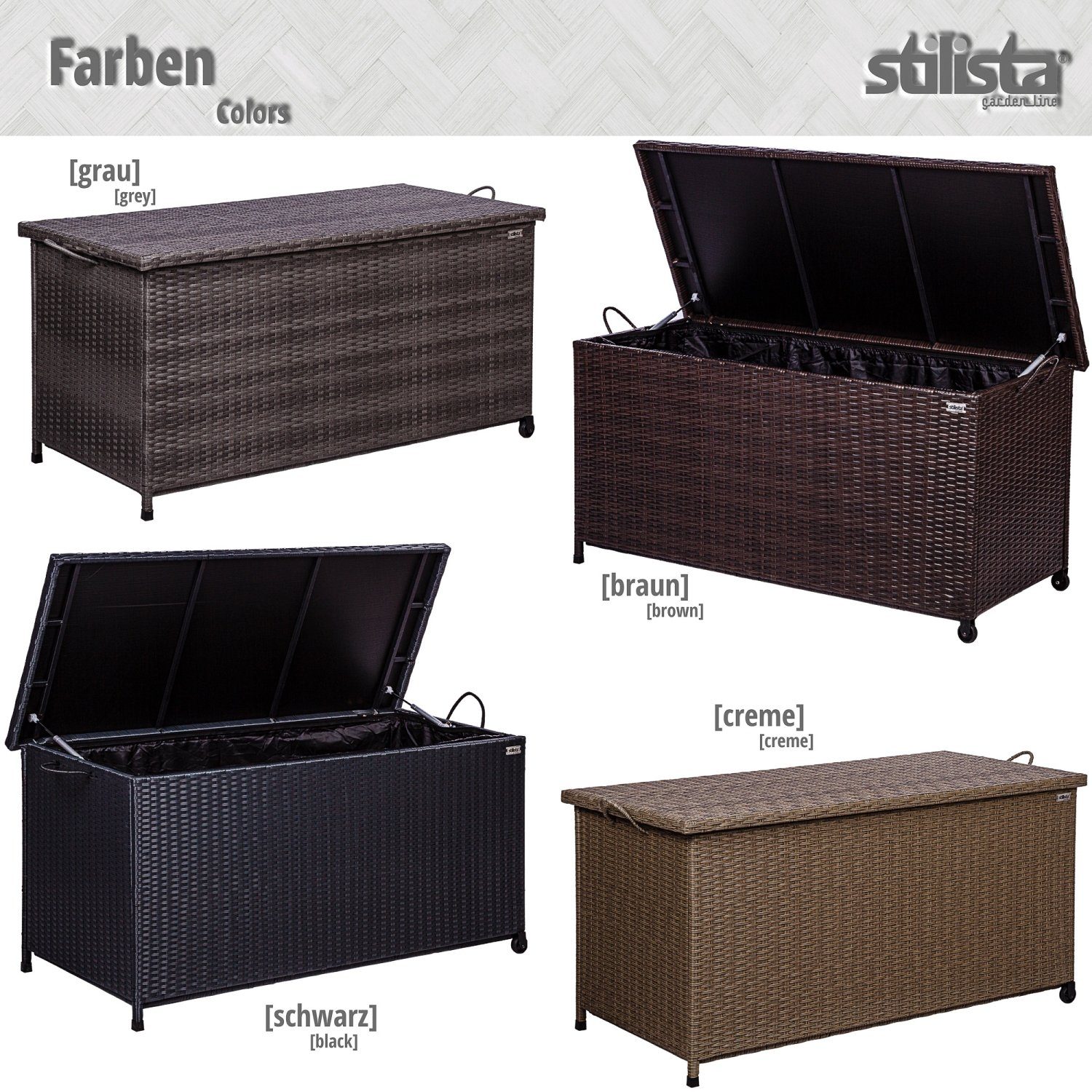 STILISTA Gartenbox Polyrattan Gartenbox Gartentruhe Aufbewahrungsbox, Deckel mit Hubautomatik, Innenplane, Räder und Tragegriffe, Farbwahl