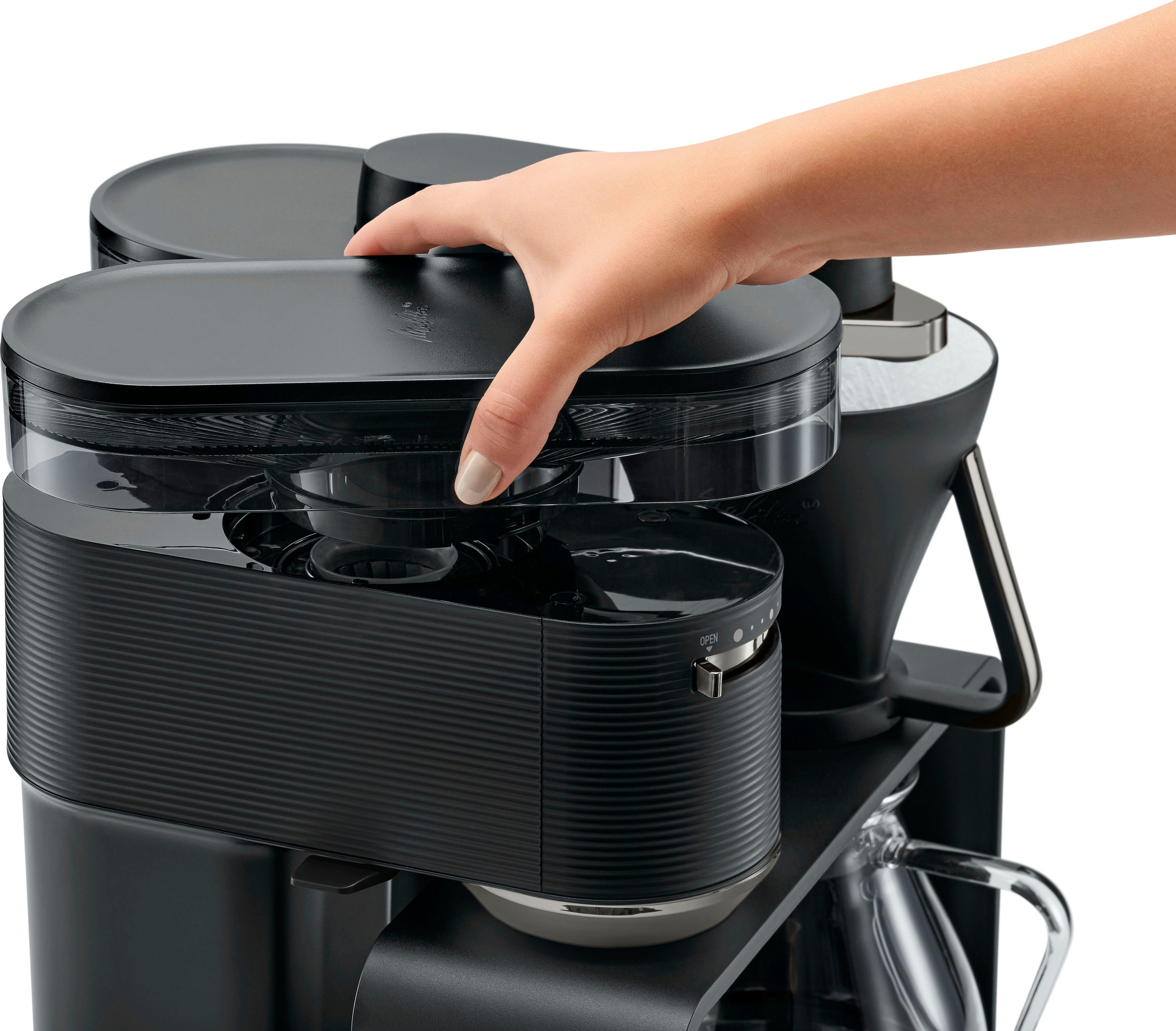 Melitta Kaffeemaschine mit Mahlwerk EPOS® 1024-03 Schwarz/Silber 360°rotierender Wasserauslauf, 1l Kaffeekanne, Papierfilter 1x4