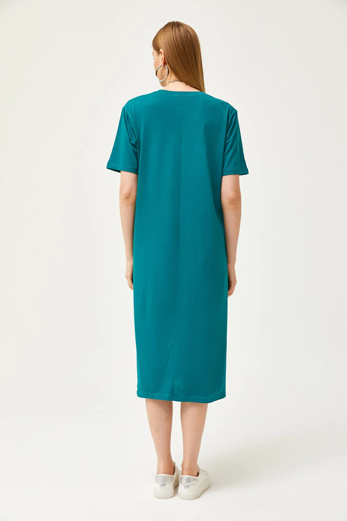 Olalook  Smaragdgrünes, übergroßes Baumwollkleid mit Seitenschlitz für Damen ELB-19001880