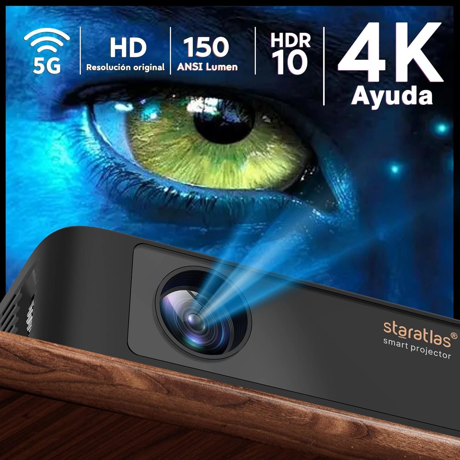 staratlas Portabler Projektor (3840 x 2160 px, 4K Mini Beamer WiFi 6 Android Netflix YouTube, Bluetooth 150 Lumen)