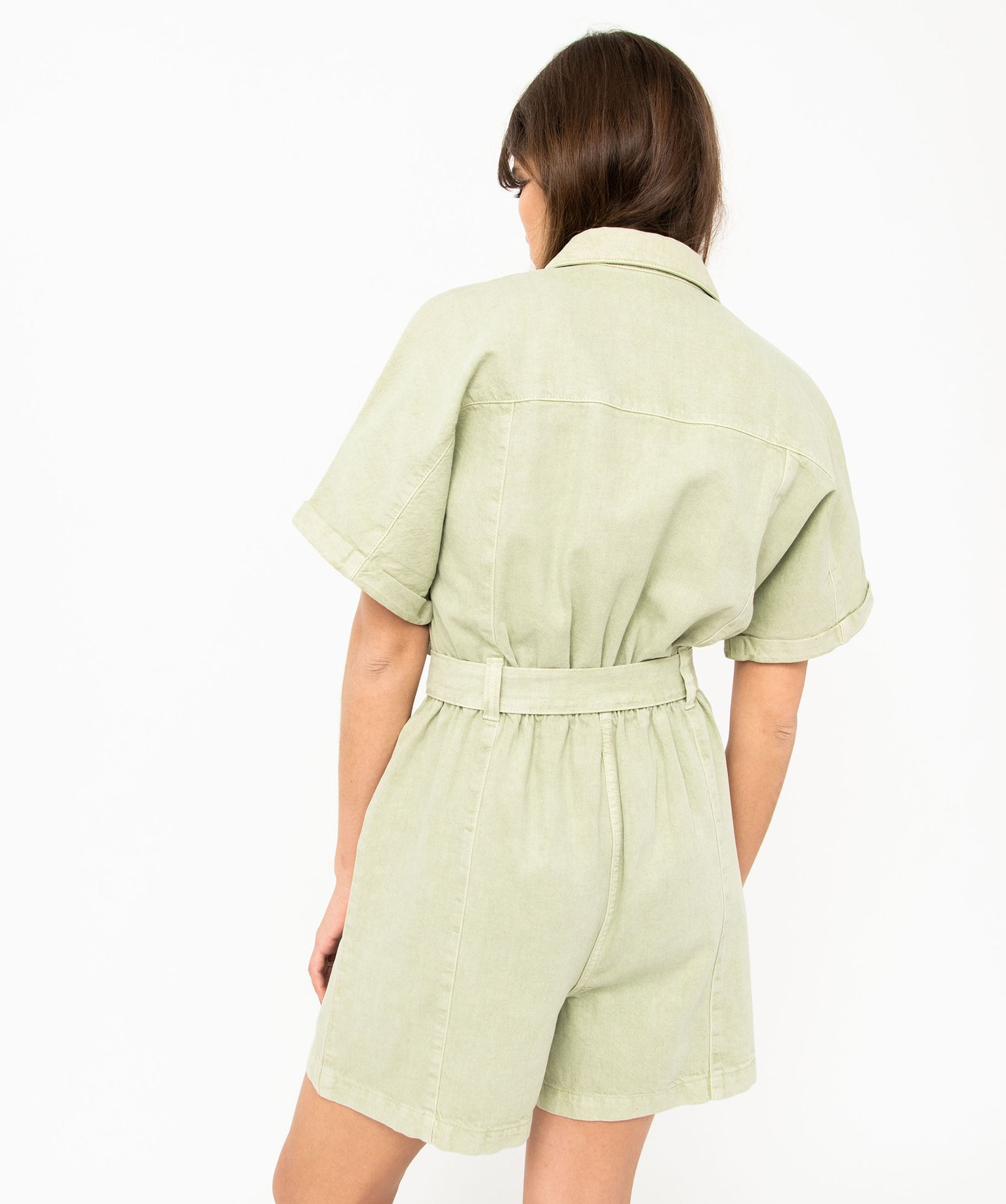 Combishort en toile denim à manches courtes femme vert | GEMO
