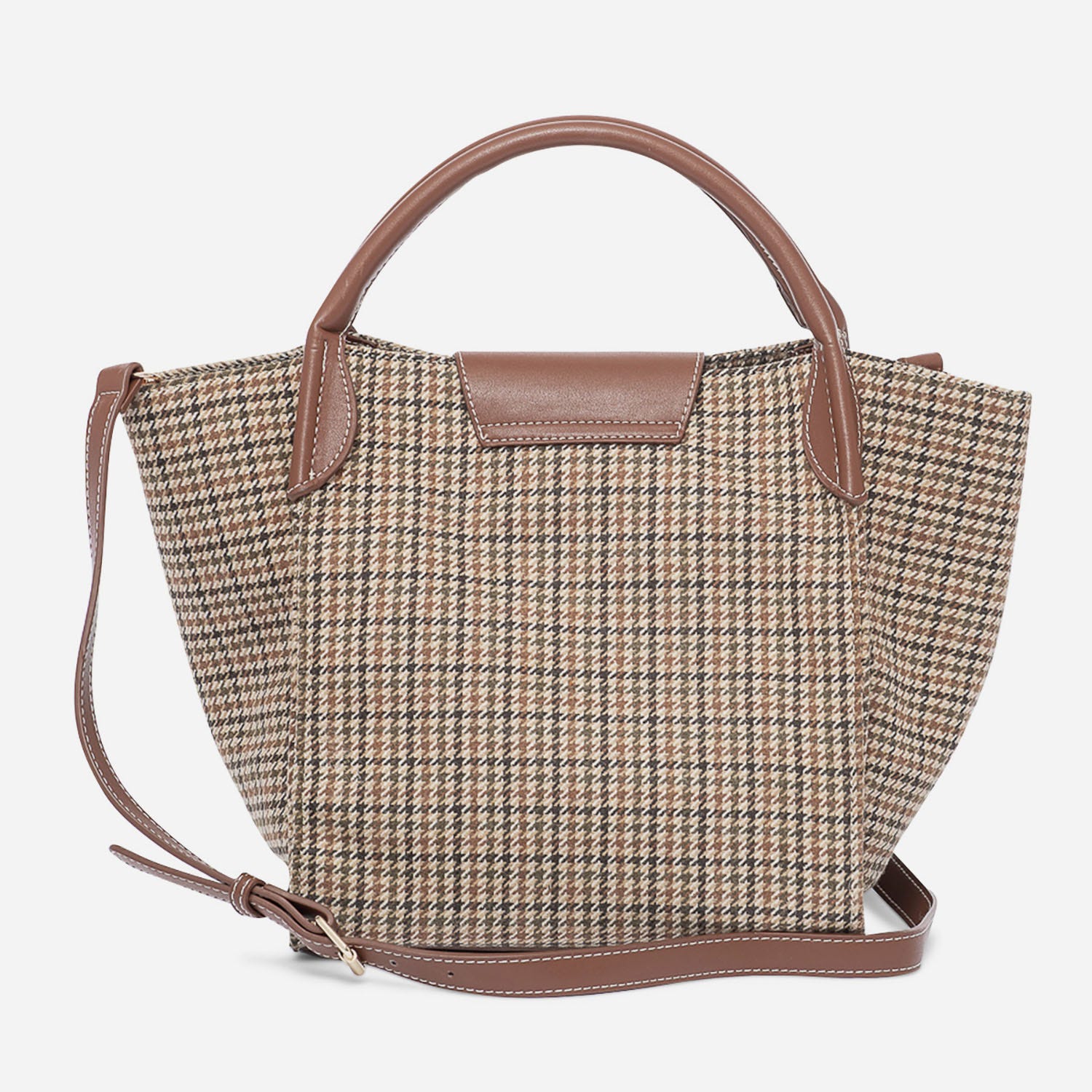 Sac à main marron à motifs pied-de-poule
