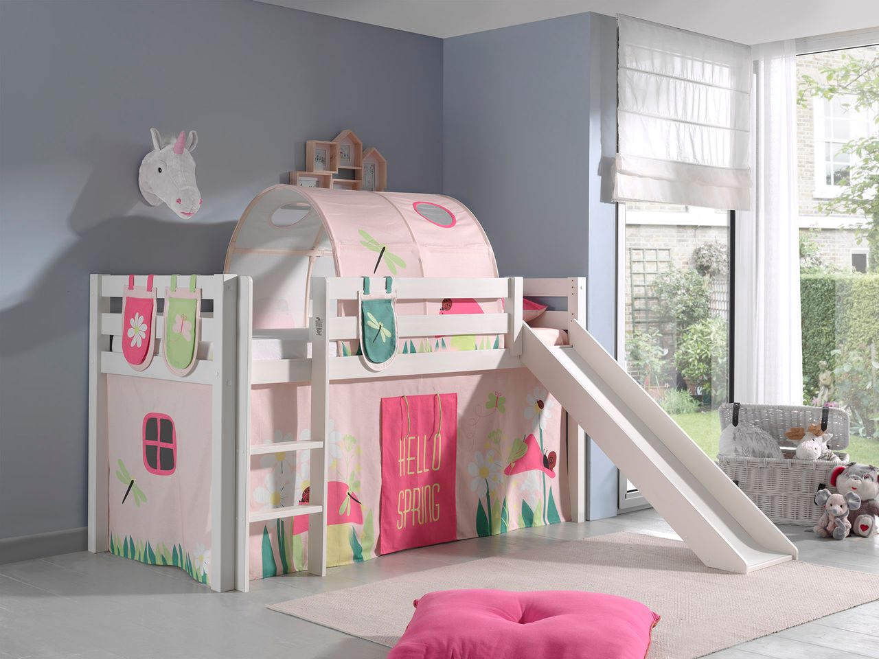 VIPACK Spielbett Pino inkl. Rutsche mit Textilset Vorhang, Tunnel und 3 Taschen 