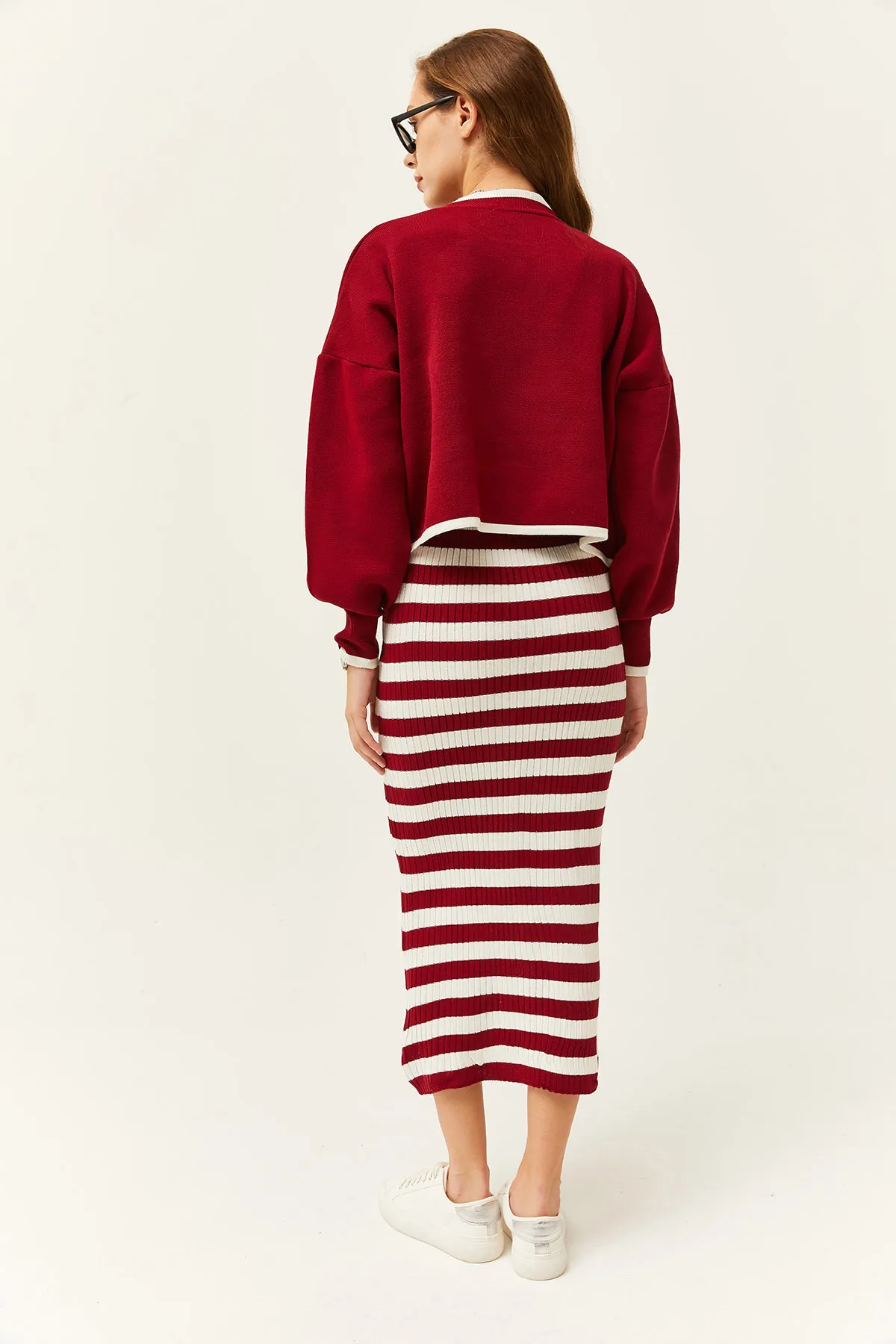 Olalook  Damen-Strickanzug mit Oberteil, Pullover und Unterkleid in Burgunderrot TKM-19000237
