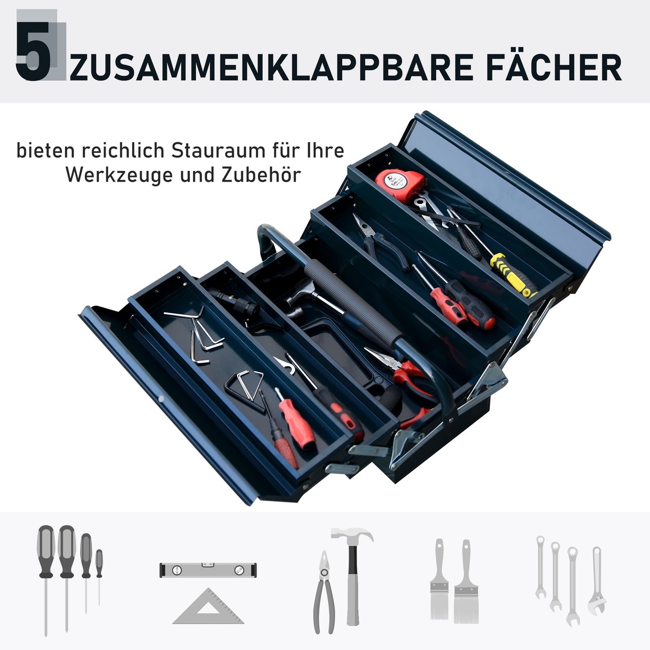 DURHAND Werkzeugkasten Werkzeugkoffer Werkzeugkiste 5 Fächer aufklappbar Stahl (SPCC) Dunkelgrün 57 x 21 x 41 cm