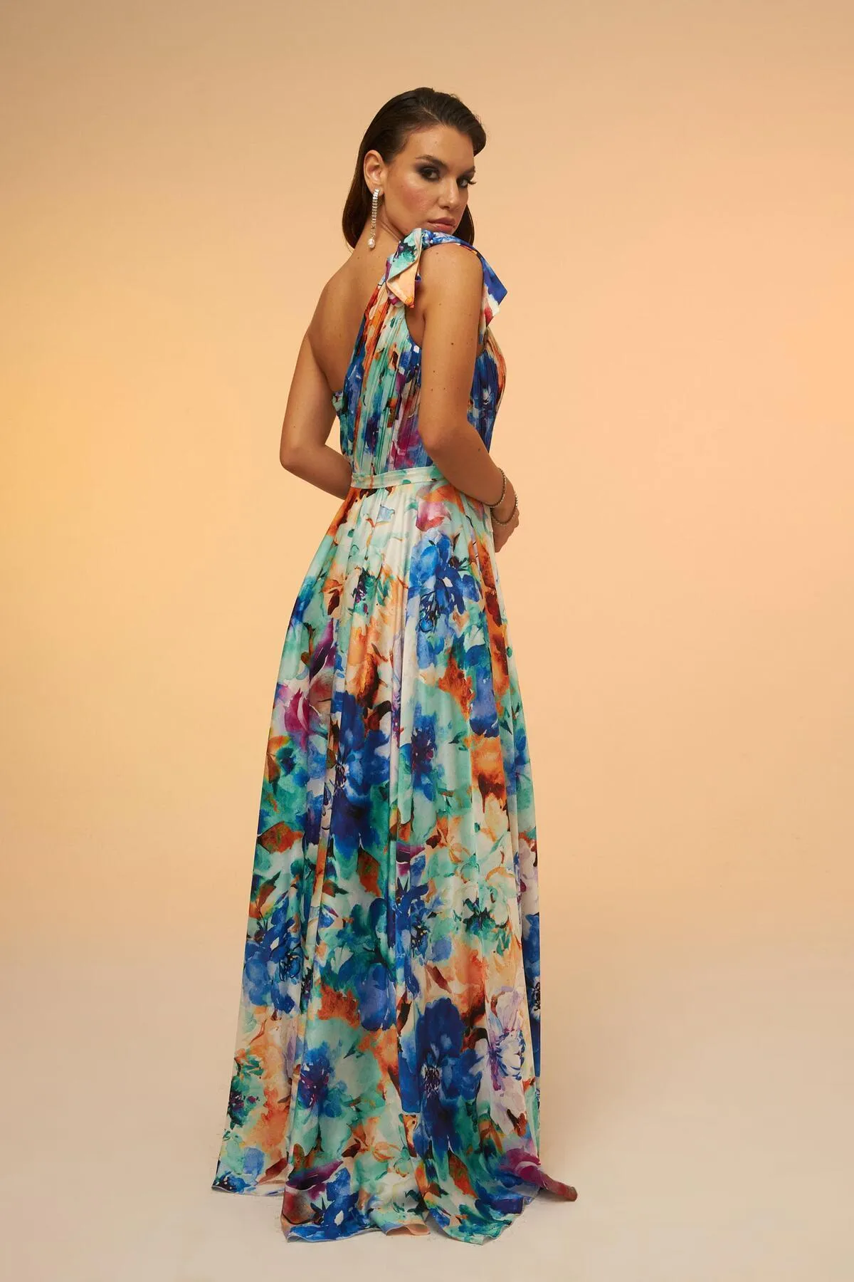 Carmen  Saks Bedrucktes, einärmliges, langes Abendkleid