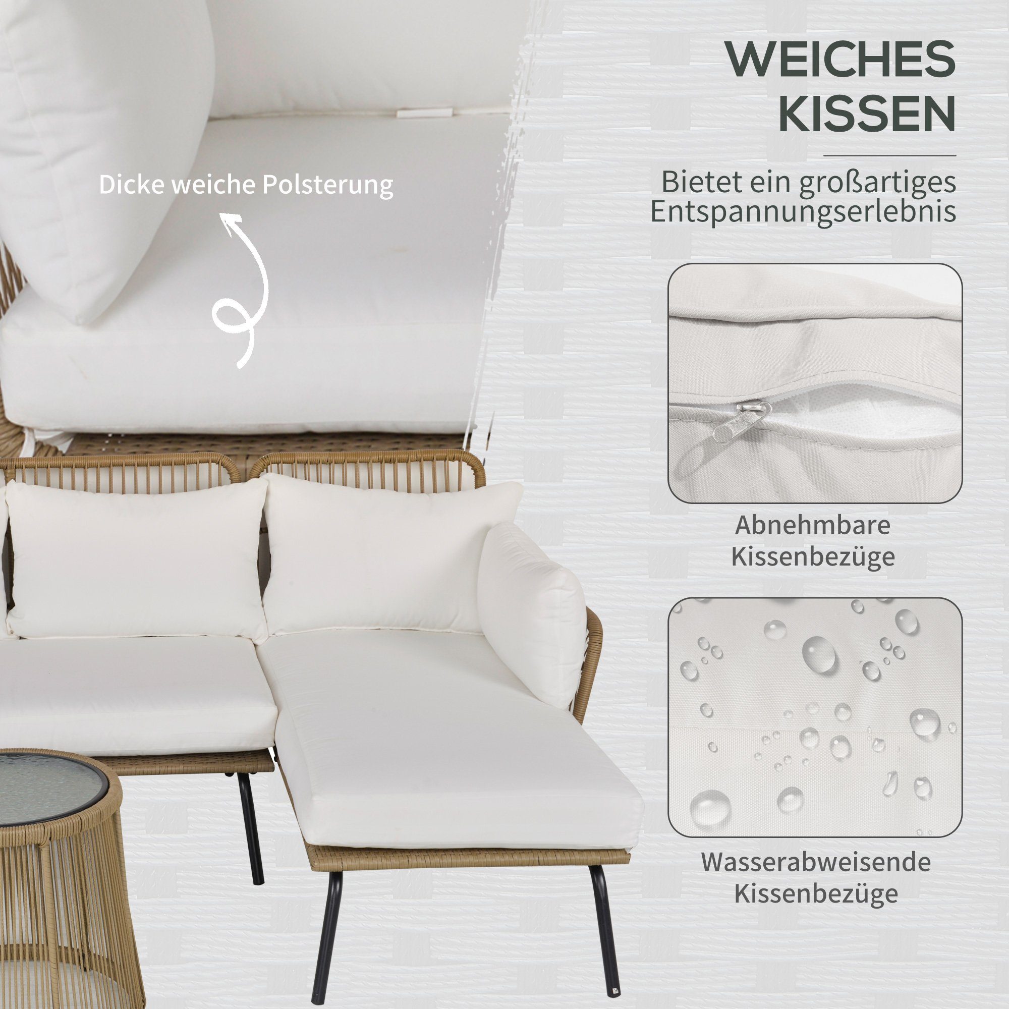 Outsunny Sitzgruppe Gartengarnitur mit 1 Beistelltisch, (Rattan Gartenmöbel-Set, 3-tlg., Sitzgarnitur), mit weichem Sitz- und Rückenkissen