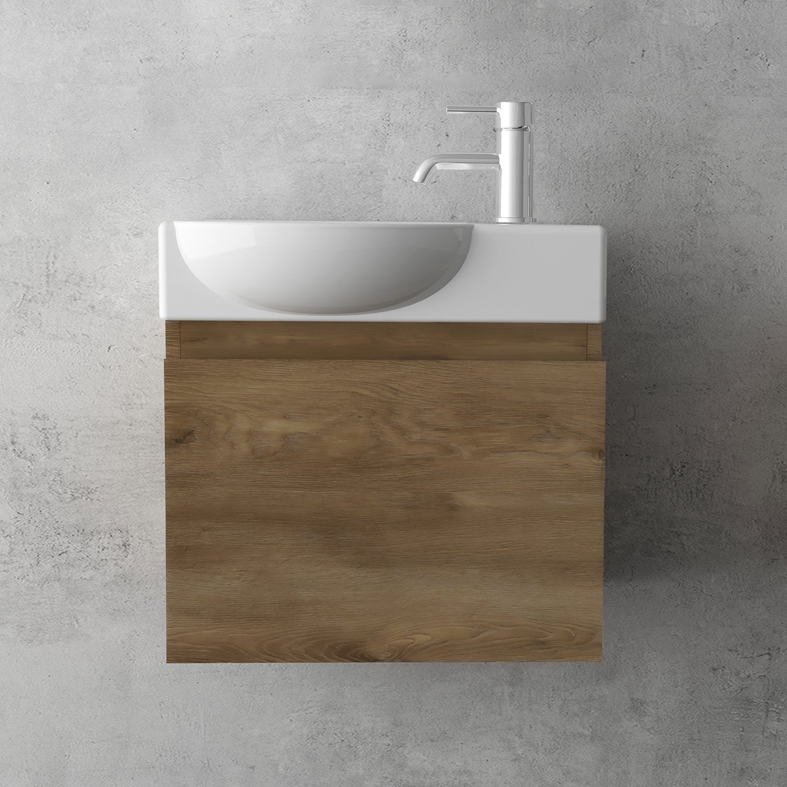 Alpenberger Badmöbel-Set - Gäste WC Waschbecken mit Unterschrank 45 cm Breit, (Badschrank 2-tlg., Waschtisch hängend), Waschbeckenunterschrank mit Softclose - Farbe Eiche - Links Becken