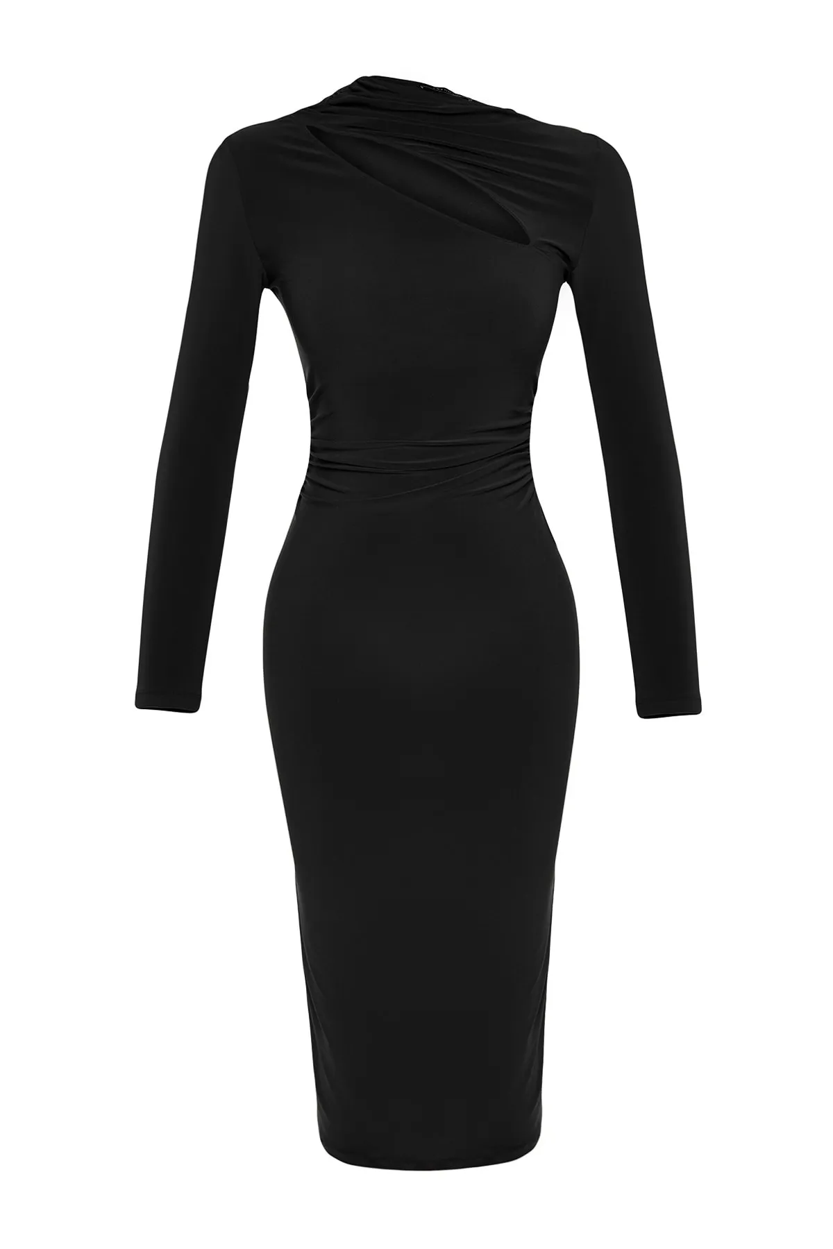 Trendyol Collection  Schwarzes, eng anliegendes, dehnbares Midi-Strickkleid mit Ausschnitten TWOAW24EL00142