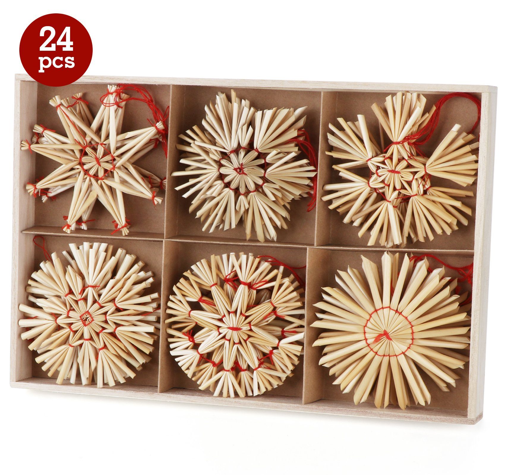 Homewit Christbaumschmuck Strohstern Set Christbaum Schmuck Stroh-Anhänger für Weihnachtsbaum (24-tlg), Weihnachtsdekoration - Ø 8cm mit Einer Schönen Holzkiste