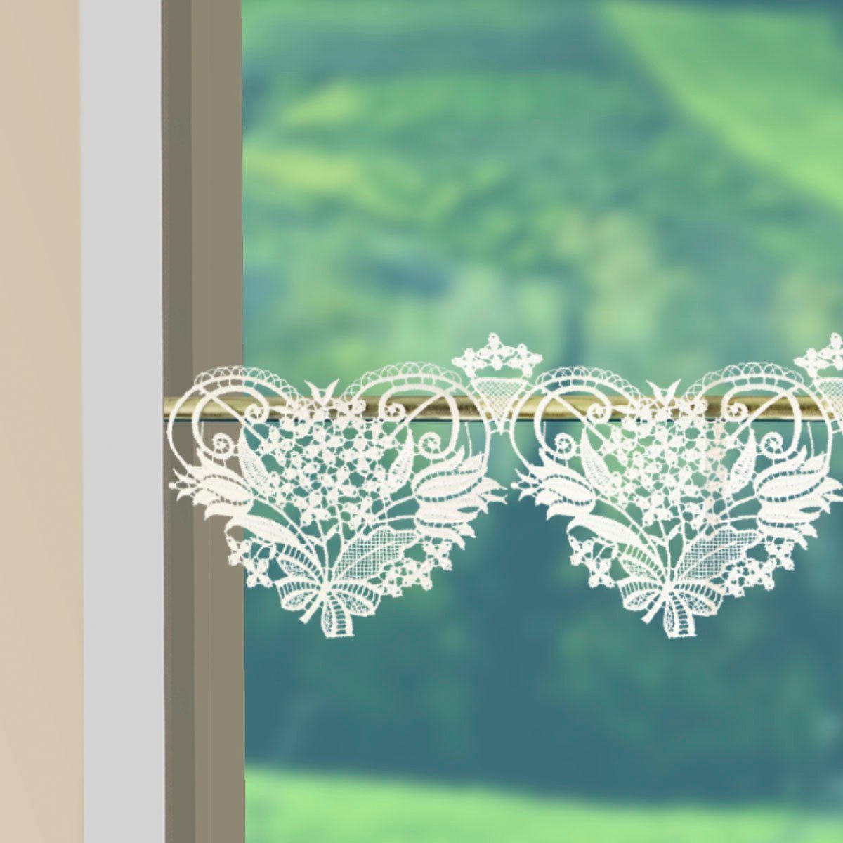 Scheibengardine Blüten, W. Reuter & Sohn - Plauener Spitze®, Stangendurchzug (1 St), halbtransparent, Made in Germany
