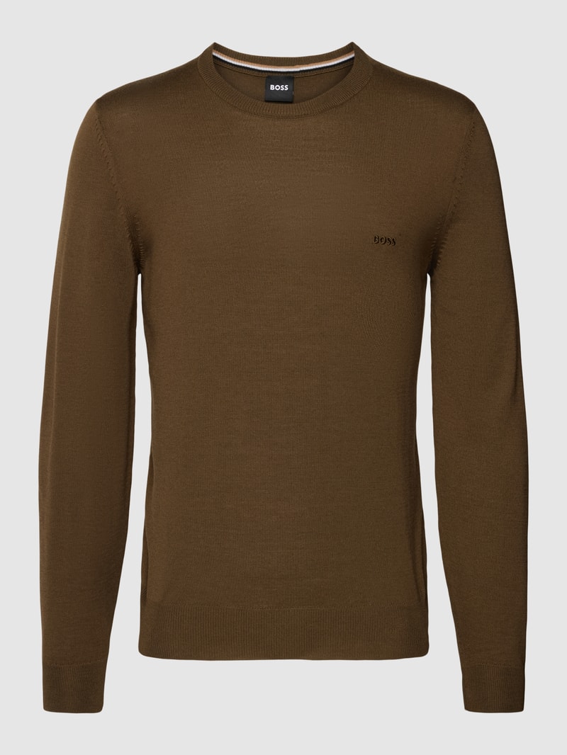 Strickpullover aus Schurwolle mit Label-Stitching Modell 'Otto' in mittelbraun