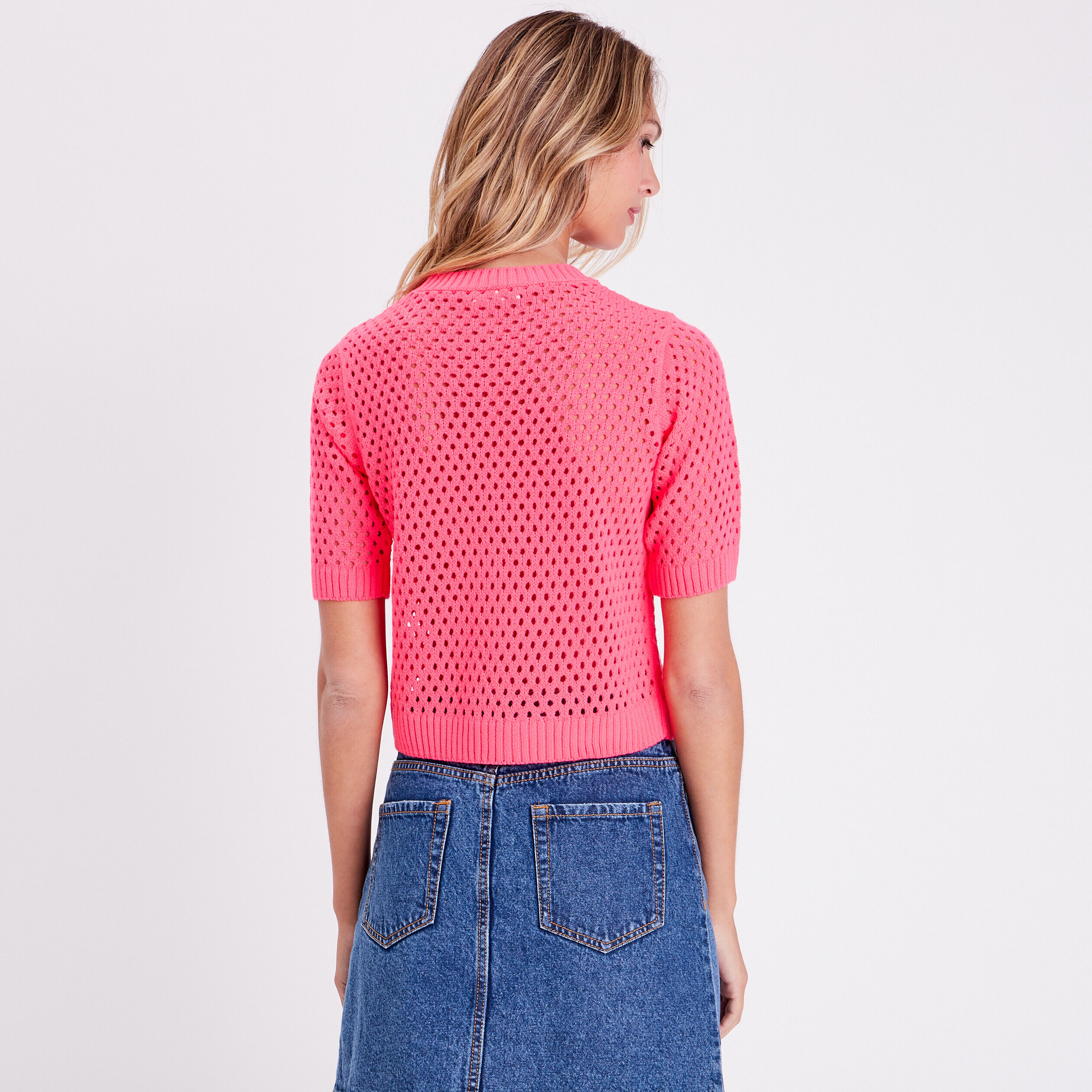 Pull manches courtes ajouré rose vif femme | Cache Cache