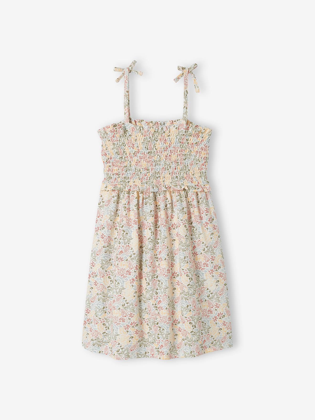 Robe à bretelles smockée motifs exotiques fille écru