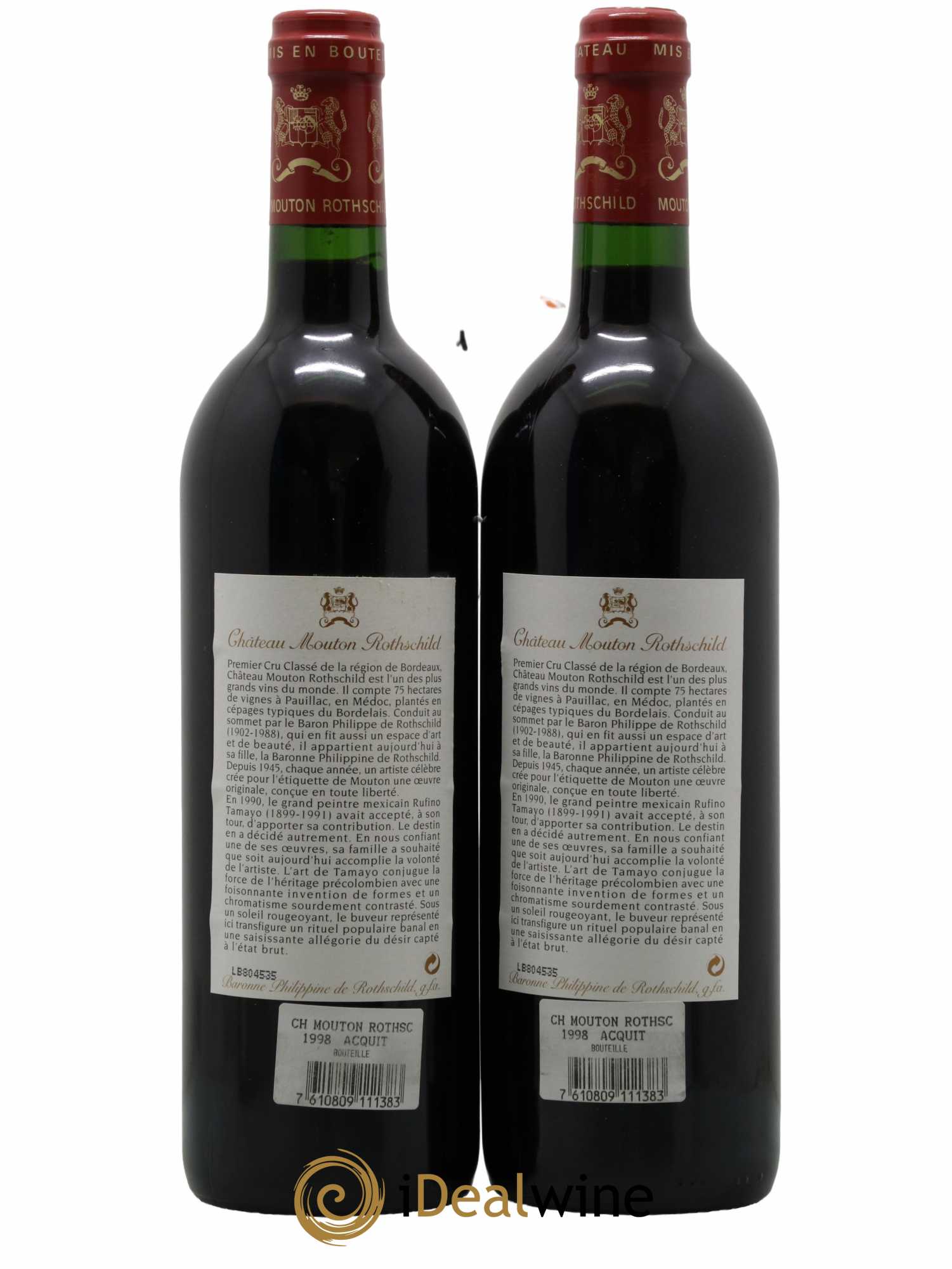 Château Mouton Rothschild 1er Grand Cru Classé  1998 - Lot de 2 Bouteilles