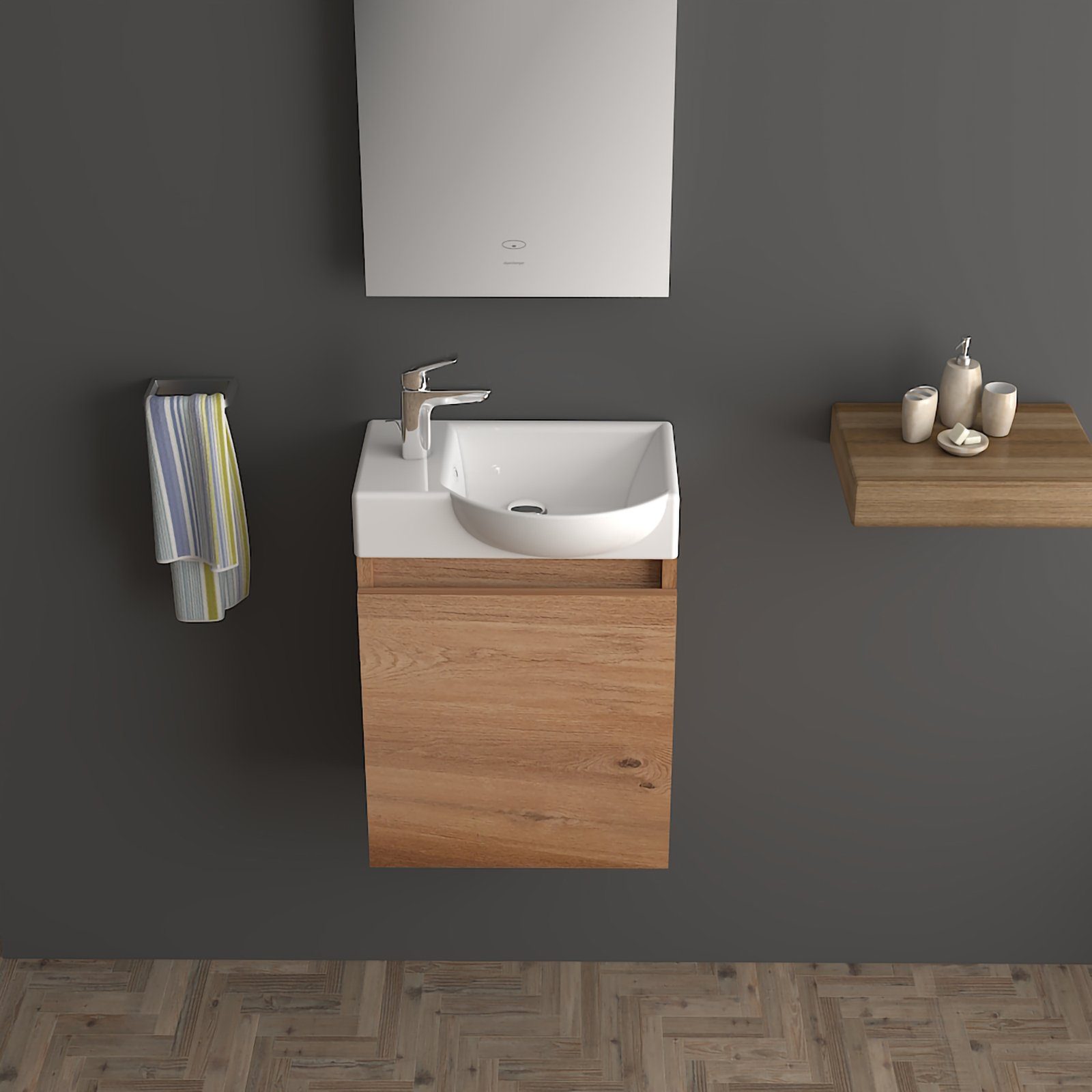 Alpenberger Badmöbel-Set Badschrank in Bamboo Optik mit Keramik Waschbecken, (2-tlg., Badmöbel Set Vormontiert), Eckig ovales Becken mit Überlauf, eintüriger Badschrank mit Softclose