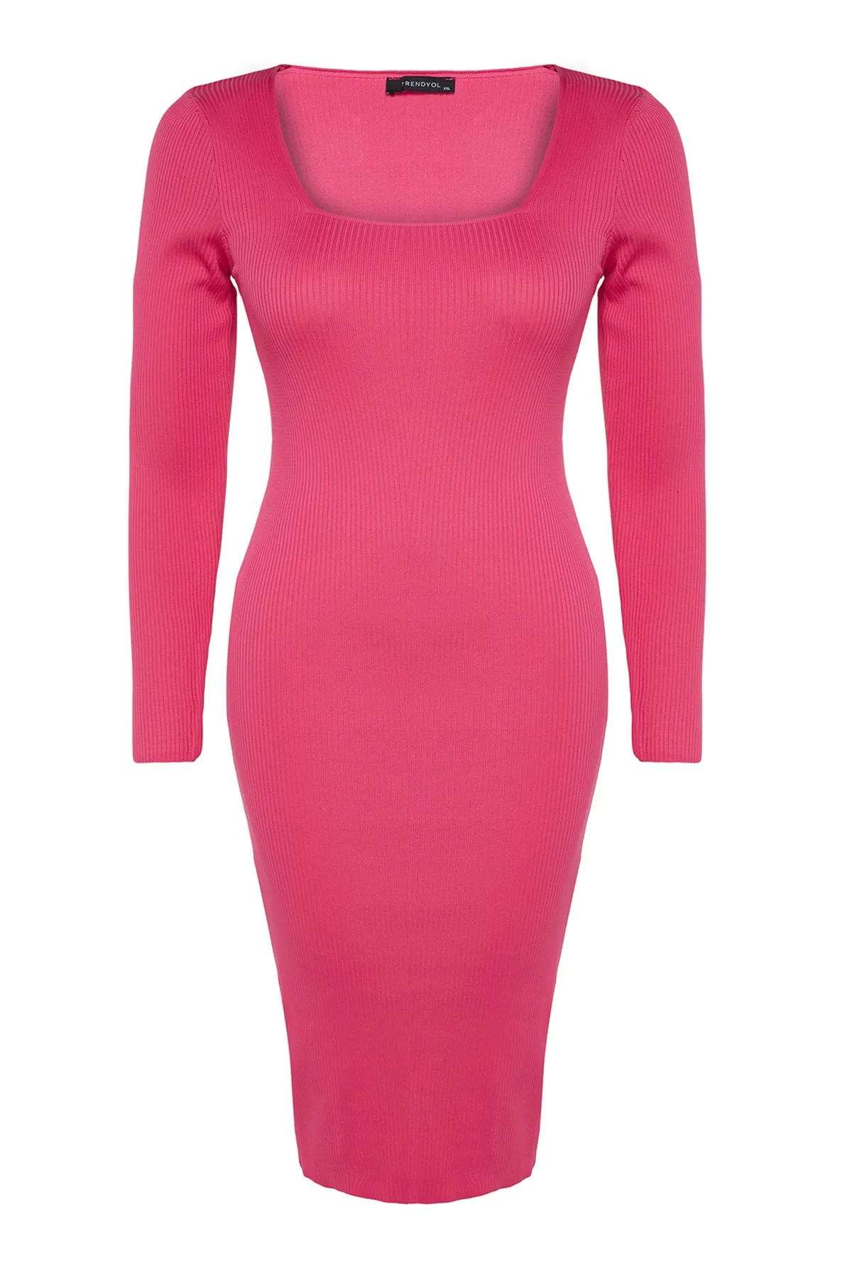 Trendyol Curve  Fuchsiafarbenes, figurbetontes Strickkleid mit eckigem Kragen TBBAW24AH00005